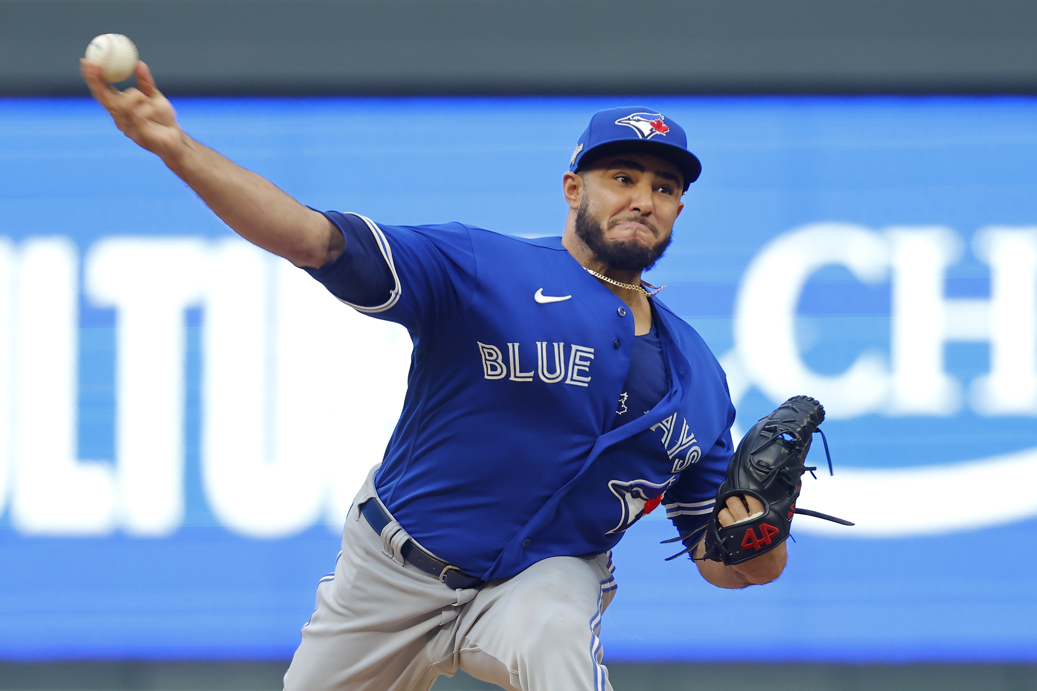 FILE - Toronto Blue Jays pitcher Yimi Garcia works against the Minnesota Twins during the fifth inning of Game 2 of an AL wild-card baseball playoff series Wednesday, Oct. 4, 2023, in Minneapolis.