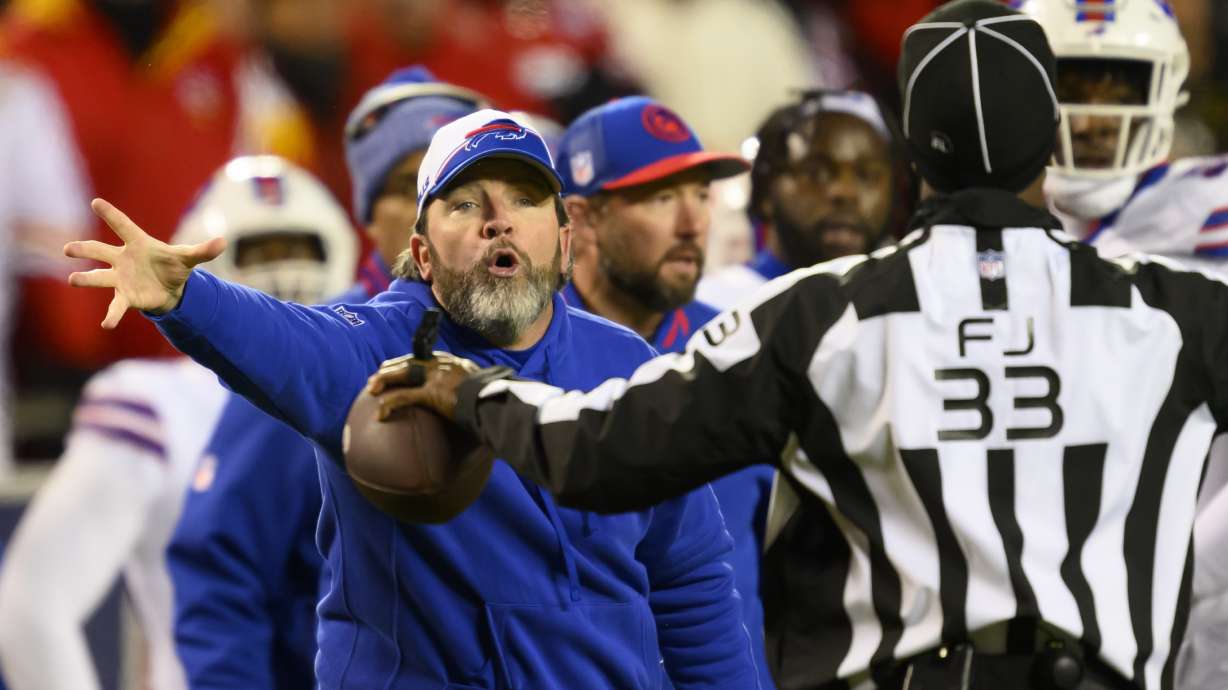 FILE - Buffalo Bills defensive backs/passing game coordinator John Butler argues a call with officials during the second half of an NFL football game, Sunday, Dec. 10, 2023 in Kansas City, Mo.