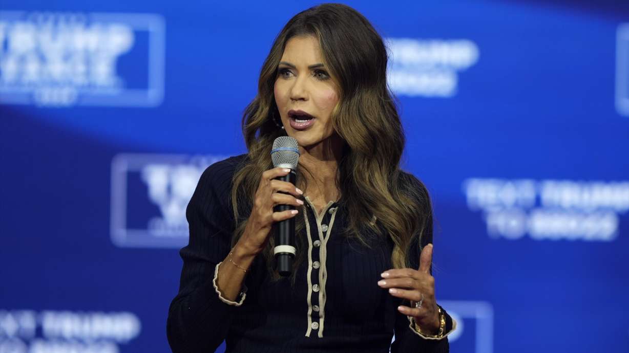 South Dakota Gov. Kristi Noem at a campaign town hall, Oct. 14, in Oaks, Pennsylvania. Utah Gov. Spencer Cox signed a letter urging for the "swift confirmation" of Noem to lead the Department of Homeland Security.