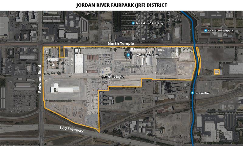 A map showing where the "JRF District" zone applies to in Salt Lake City.