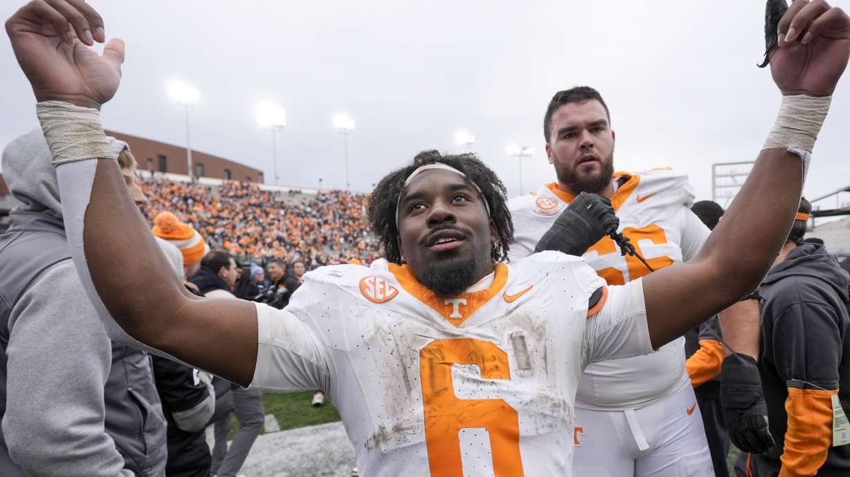 Tennessee running back Dylan Sampson (6) celebrates the team's 36-23 win against Vanderbilt after an NCAA college football game Saturday, Nov. 30, 2024, in Nashville, Tenn.