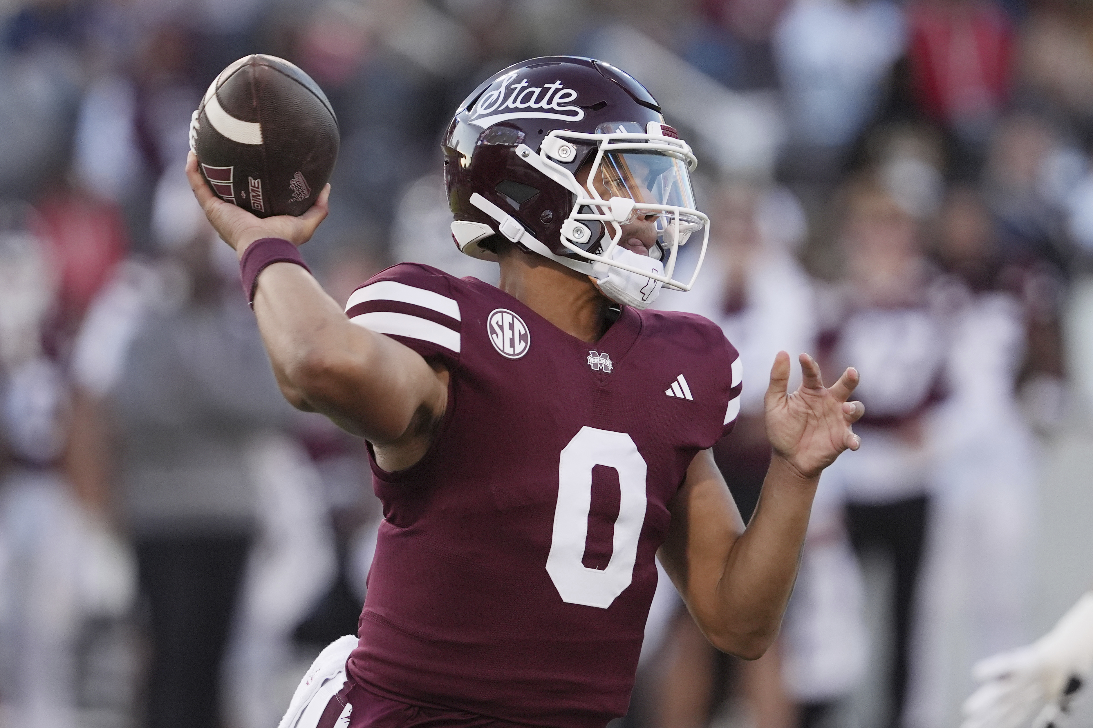 Mississippi State quarterback Michael Van Buren Jr. looks to throw a pass against Missouri during the first half of an NCAA college football game, Saturday, Nov. 23, 2024, in Starkville, Miss.