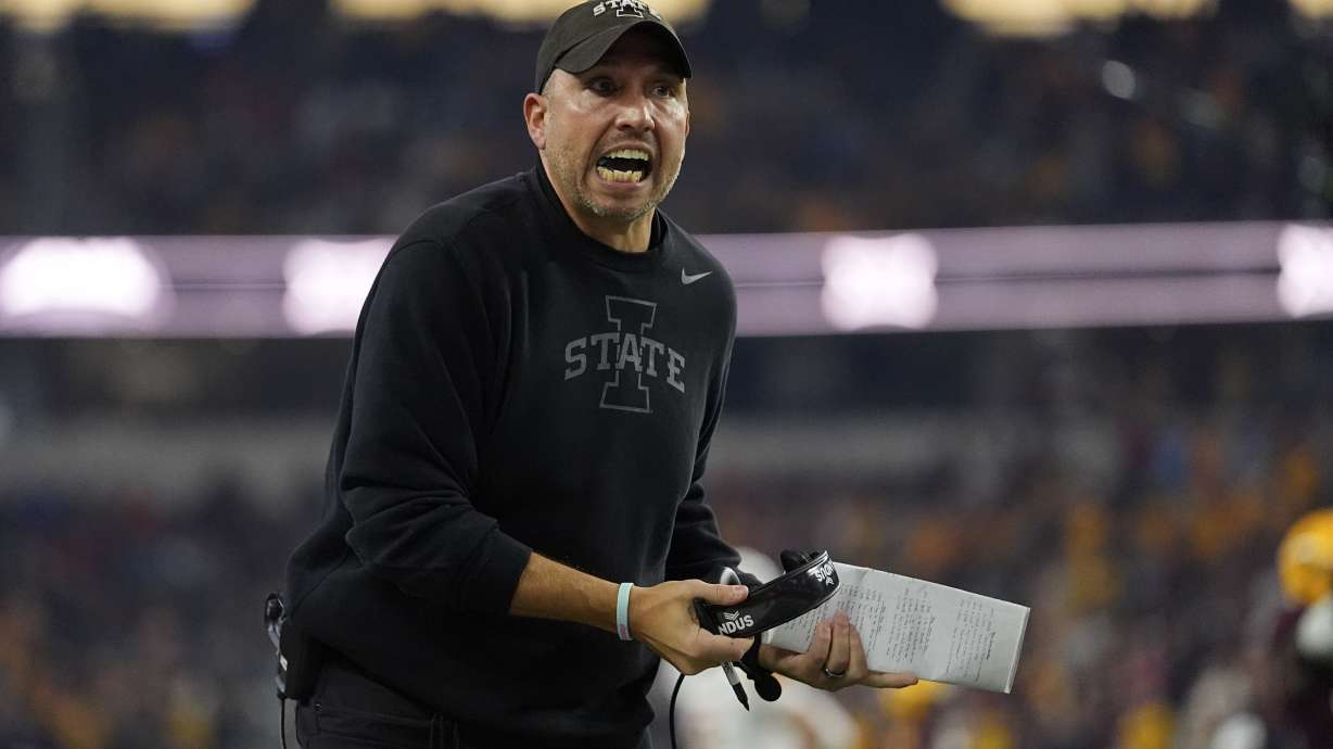 Iowa State head coach Matt Campbell reacts to play against Arizona State in the first half of the Big 12 Conference championship NCAA college football game, in Arlington, Texas, Saturday Dec. 7, 2024.