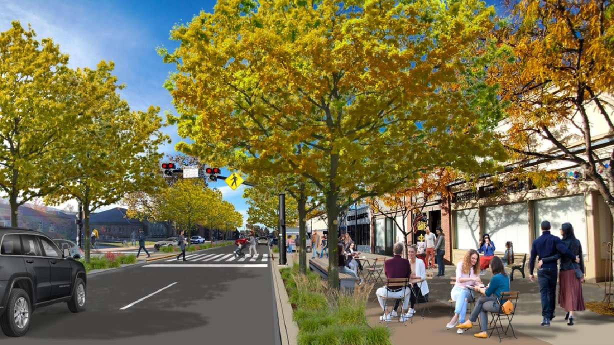 The image shows the "preferred concept" for redevelopment of part of Main Street in Kaysville as part of a downtown redevelopment proposal, focus of a public hearing on Jan. 2, 2025.
