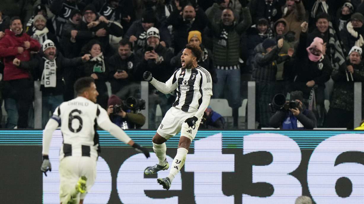 Juventus' Weston McKennie celebrates his side's second goal during the Champions League, opening phase soccer match between Juventus and Manchester City at the Allianz stadium in Turin, Italy, Tuesday, Wednesday, Dec.11, 2024.