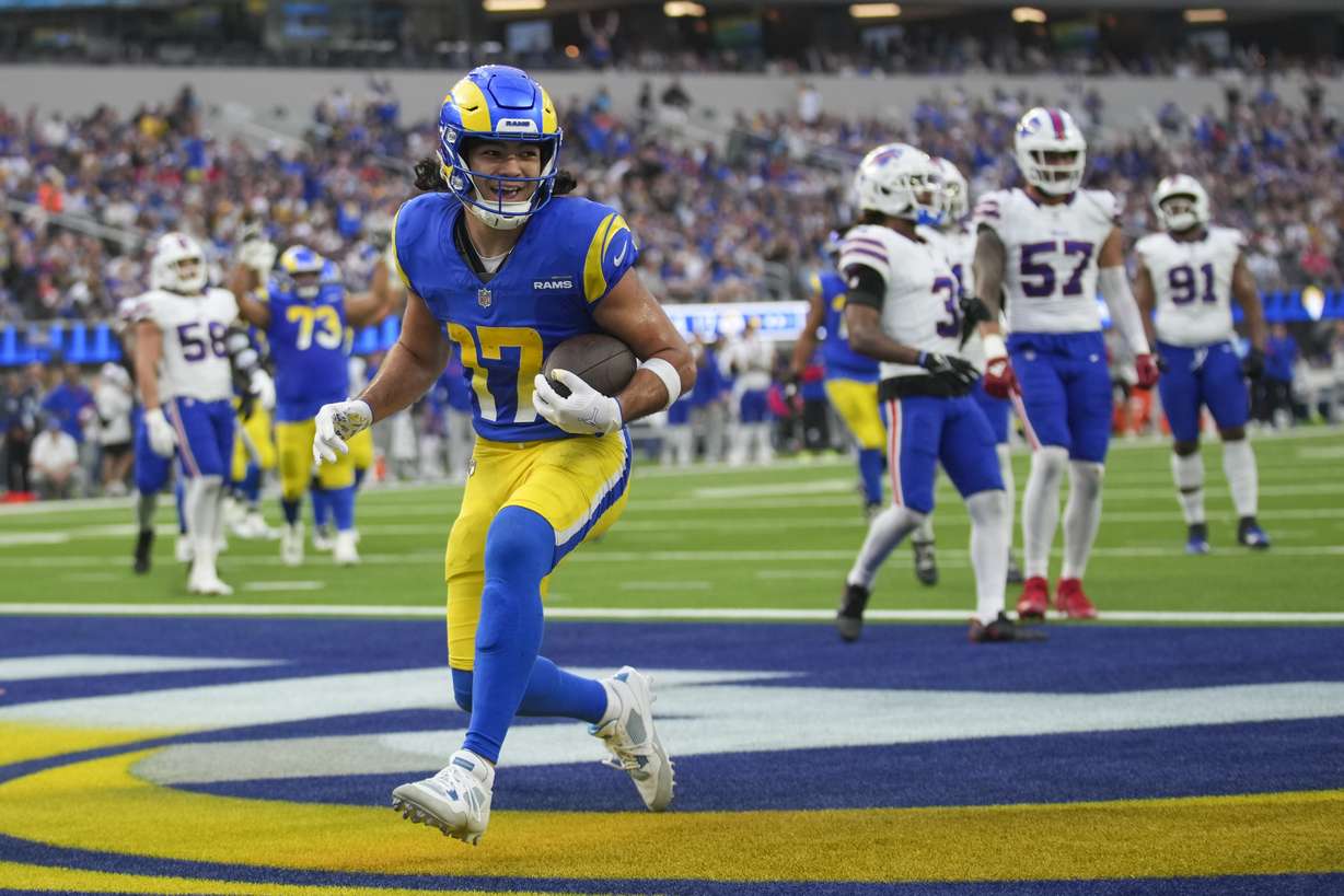 Los Angeles Rams wide receiver Puka Nacua reacts after scoring a touchdown against the Buffalo Bills during the first half of an NFL football game, Sunday, Dec. 8, 2024, in Inglewood, Calif.