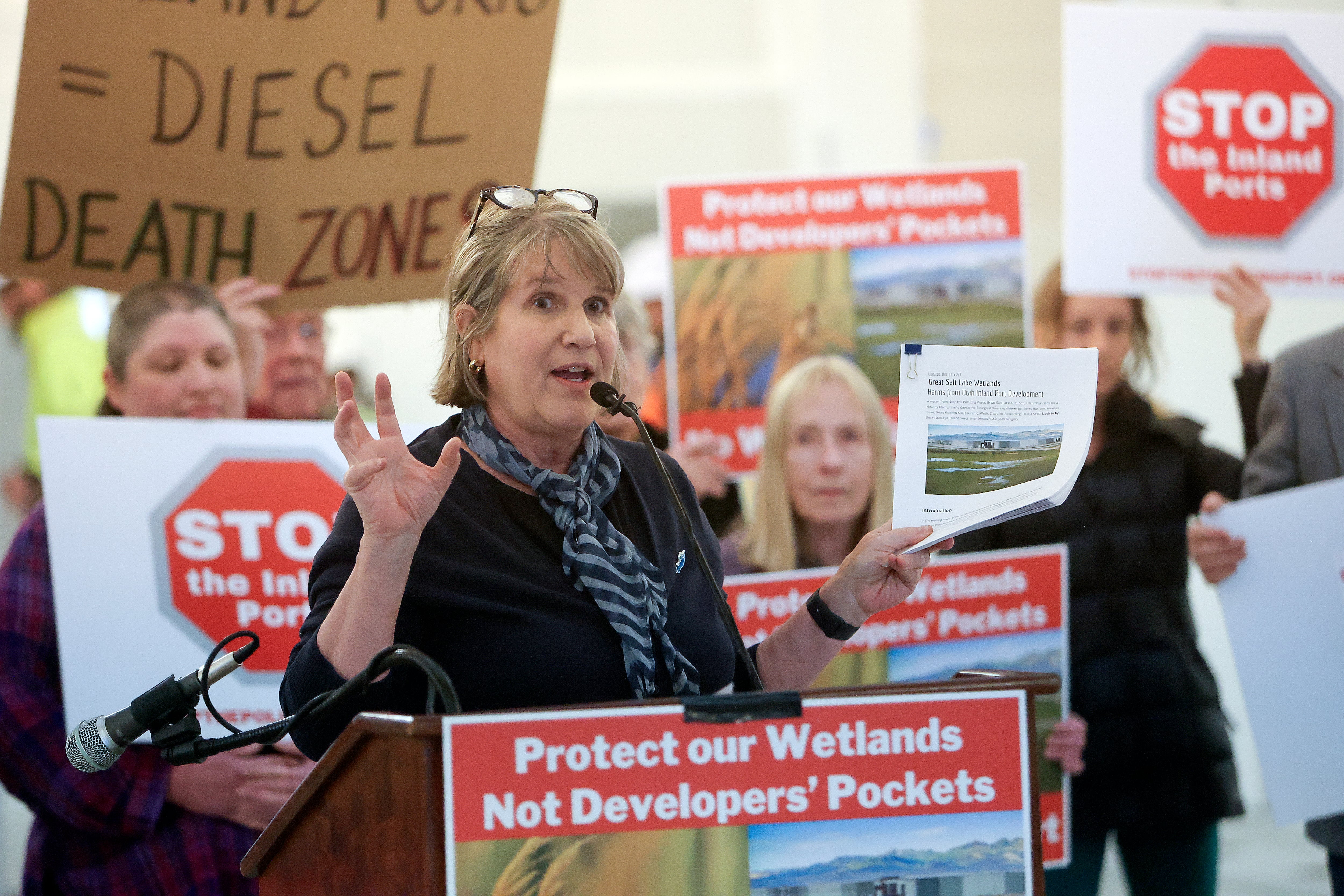 Deeda Seed, Center for Biological Diversity senior Utah campaigner, speaks during a press conference urging the halt to Utah Inland Port Authority development in Great Salt Lake wetlands at the capitol in Salt Lake City on Wednesday.