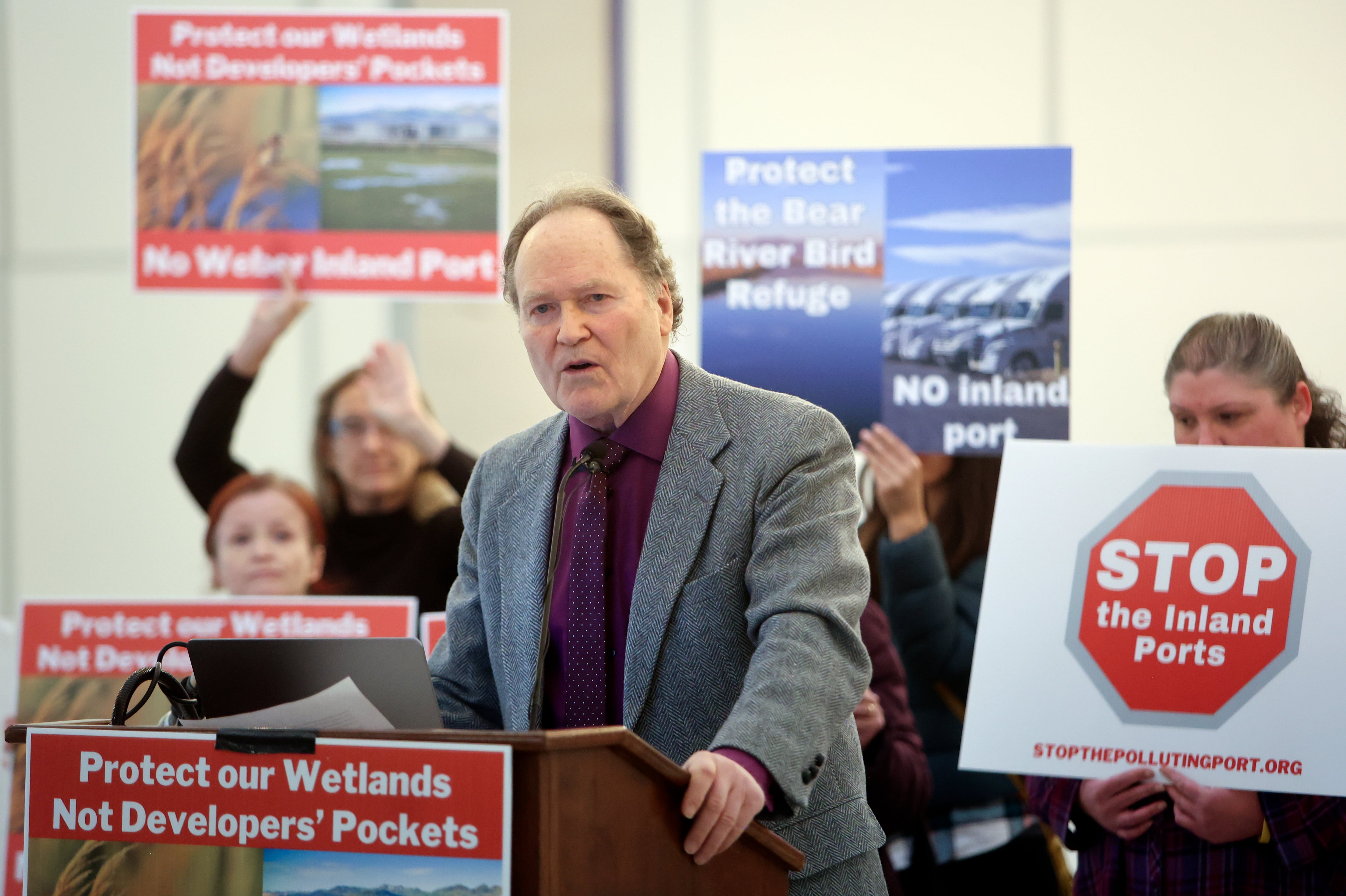 Dr. Brian Moench, Utah Physicians for a Healthy Environment president, speaks during a press conference urging the halt to Utah Inland Port Authority development in Great Salt Lake wetlands at the capitol in Salt Lake City on Wednesday.