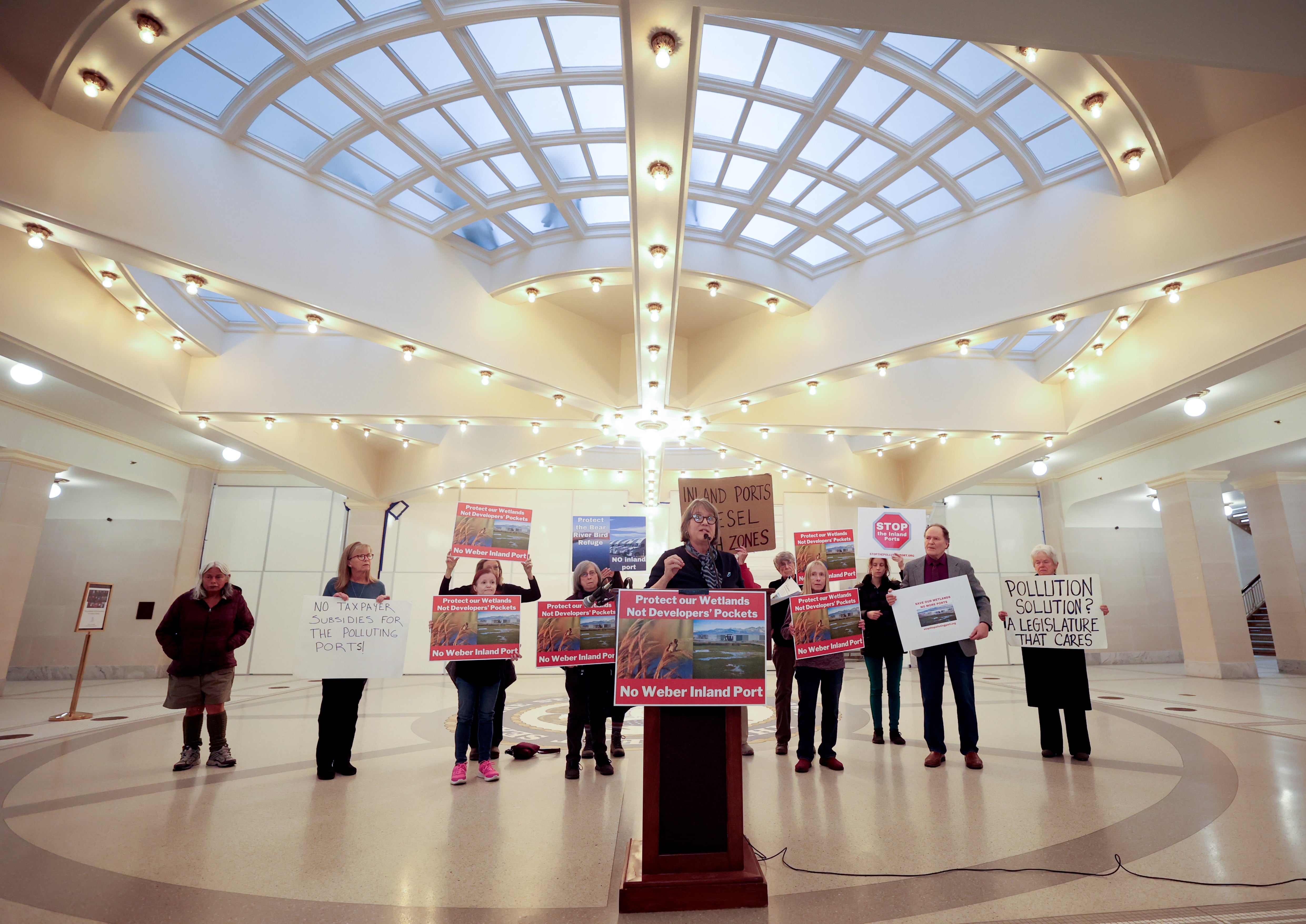 Deeda Seed, Center for Biological Diversity senior Utah campaigner, speaks during a press conference urging the halt to Utah Inland Port Authority development in Great Salt Lake wetlands at the capitol in Salt Lake City on Wednesday.