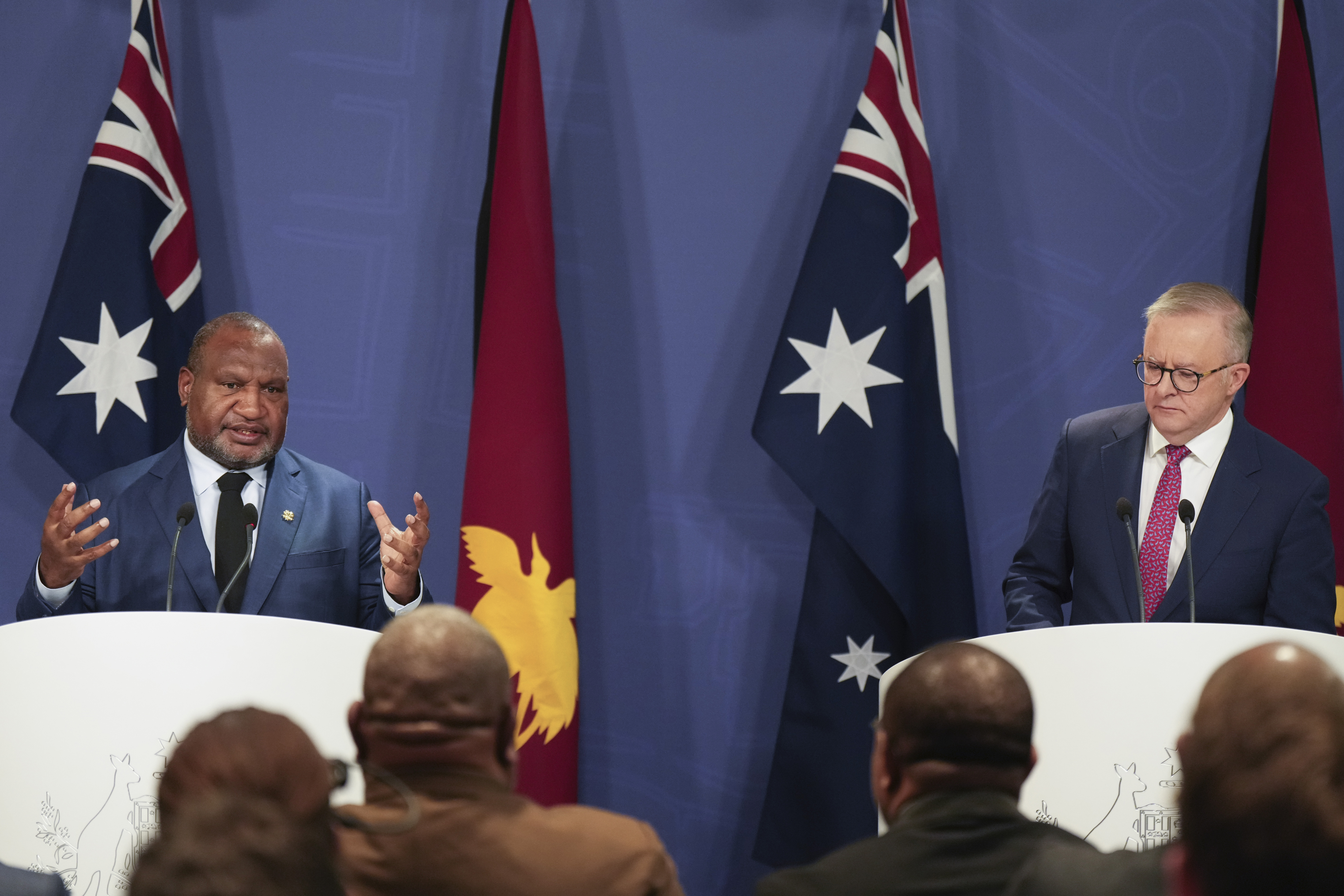 Papua New Guinea Prime Minister James Marape, left, gestures during a press conference with Australian Prime Minister Anthony Albanese in Sydney, Australia, Thursday, Dec. 12, 2024.