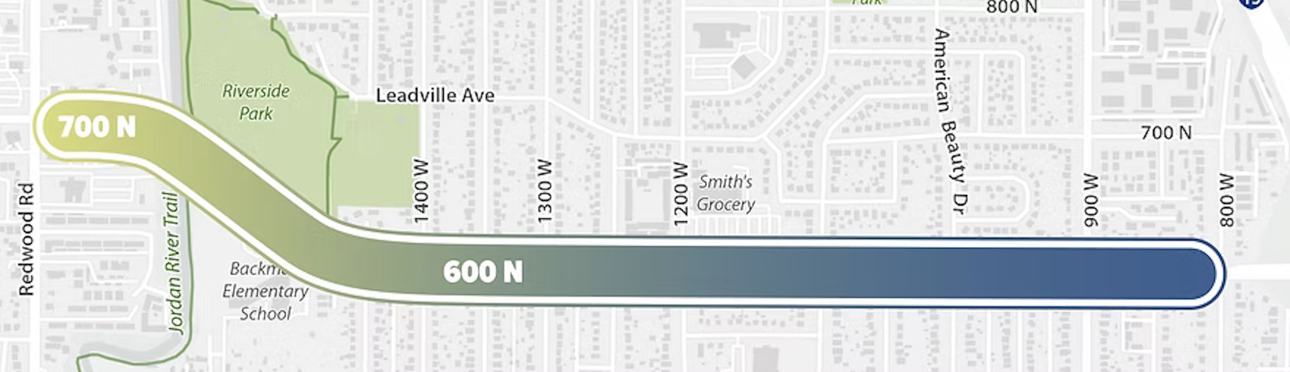 A map showing the project area of the 600/700 North Project. Construction is scheduled to begin in 2025 and end in 2026.