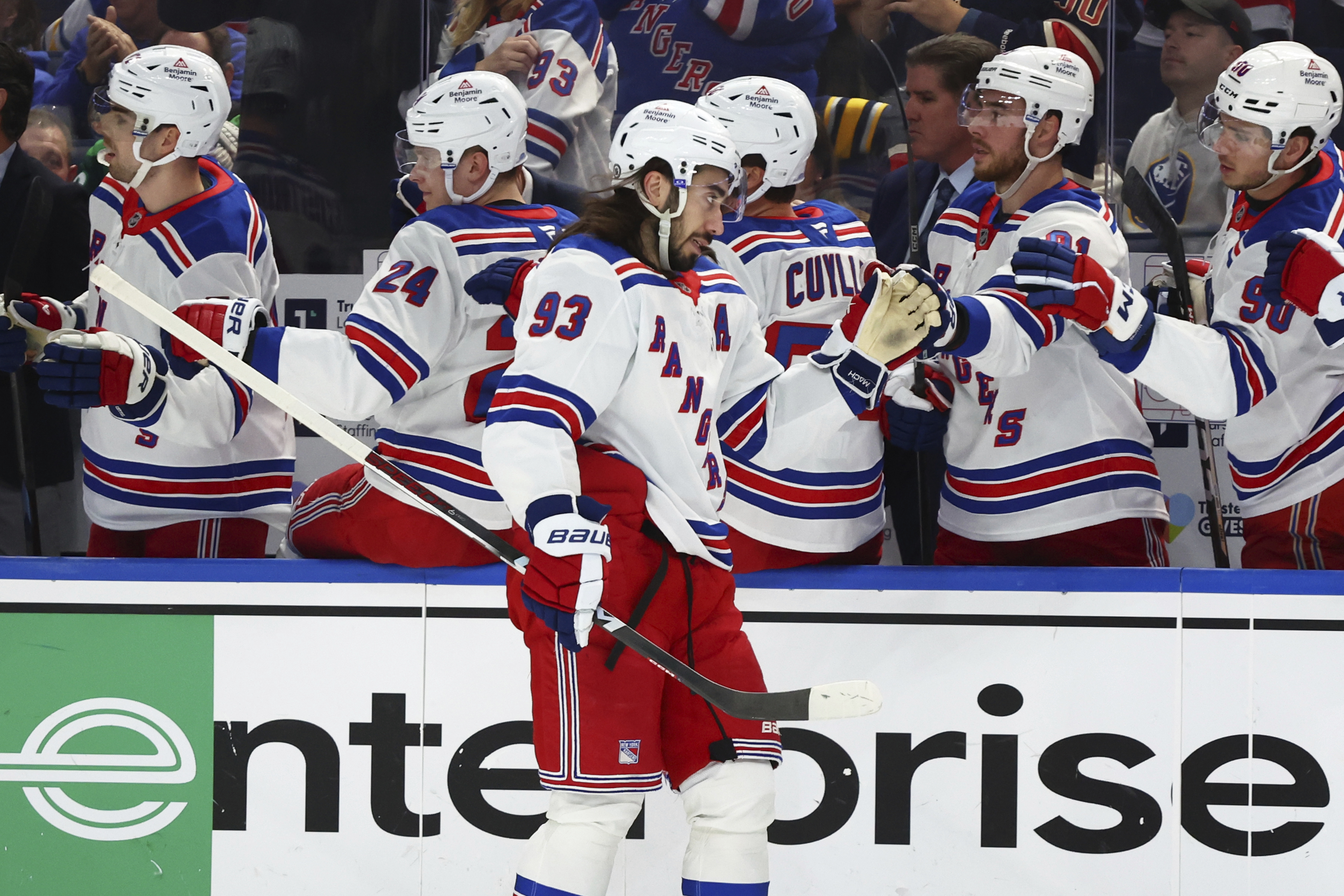 New York Rangers center Mika Zibanejad (93) celebrates his goal during the first period of an NHL hockey game against the Buffalo Sabres Wednesday, Dec. 11, 2024, in Buffalo, N.Y.