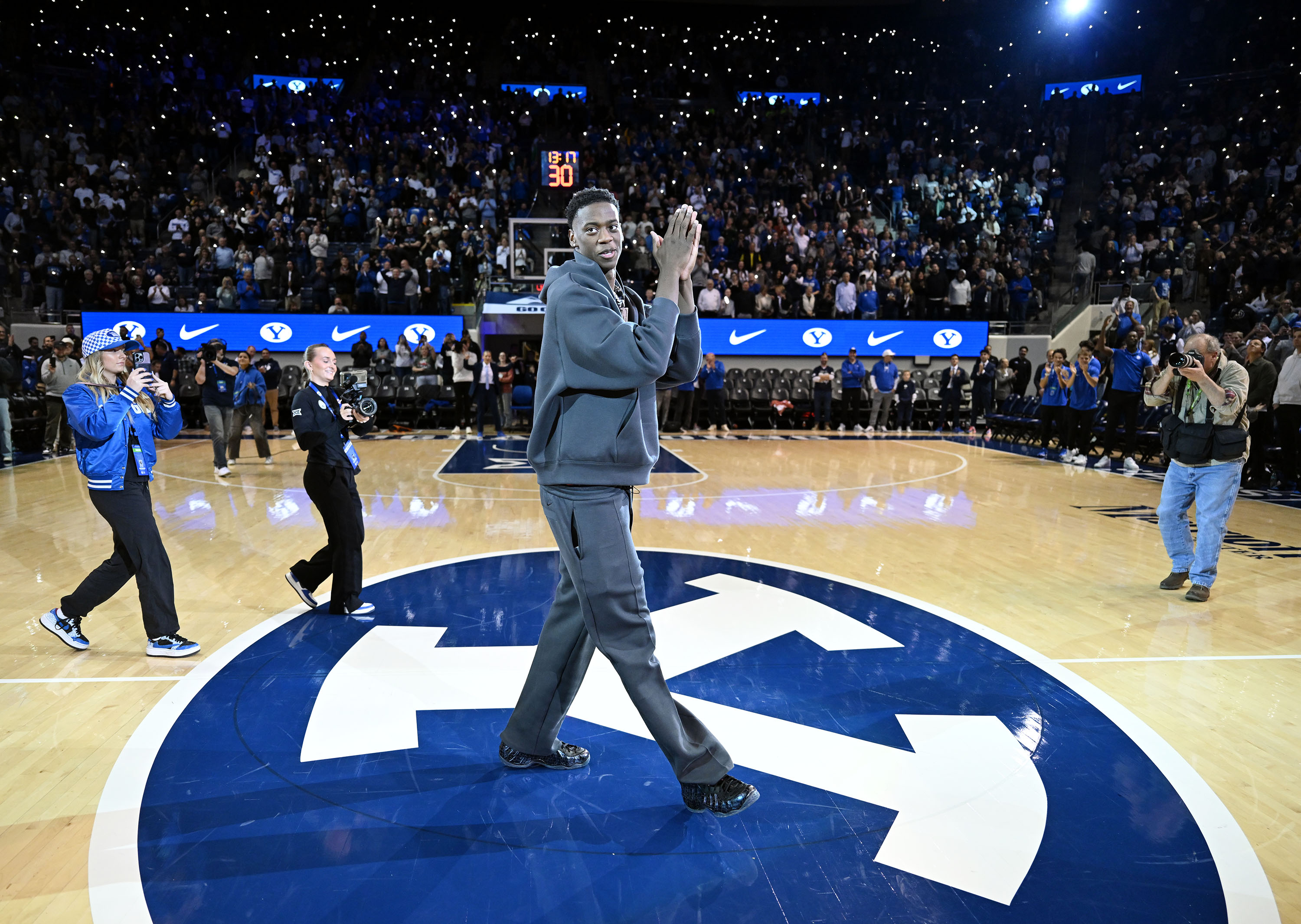 AJ Dybantsa, the nation's No. 1 basketball recruit, is presented at halftime of the BYU and Fresno State game at the Marriott Center in Provo on Wednesday Dec. 11, 2024.