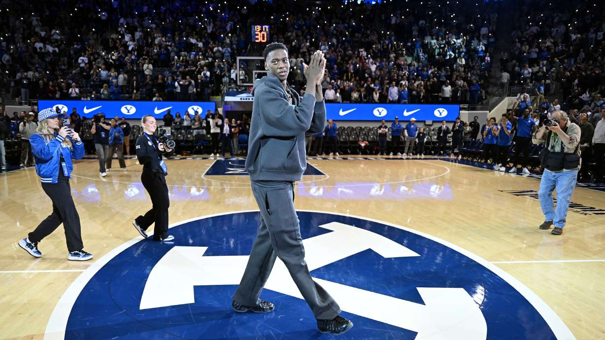 AJ Dybantsa, the nation's No. 1 basketball recruit, is presented at halftime of the BYU and Fresno State game at the Marriott Center in Provo on Wednesday Dec. 11, 2024.