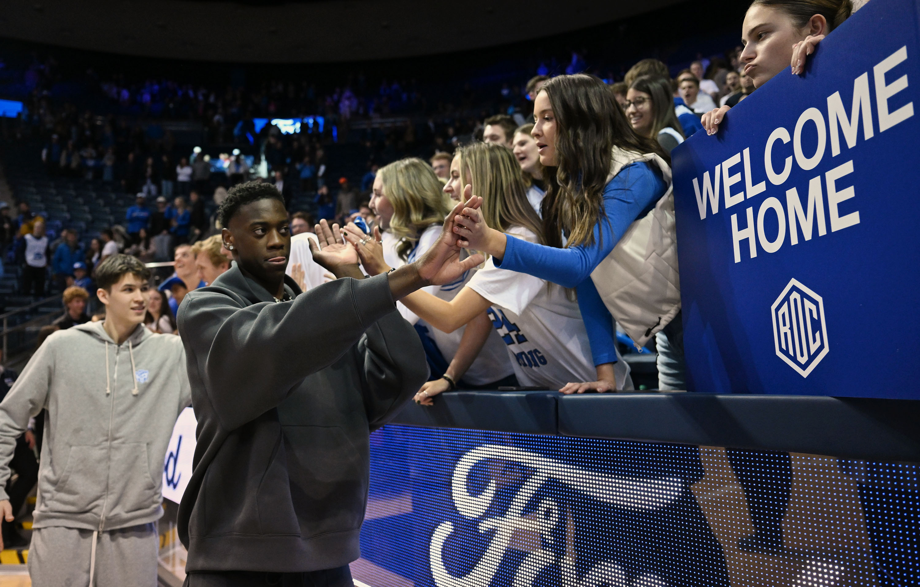 AJ Dybantsa, the nation's No. 1 basketball recruit, joins the Cougars after the game to greet fans after BYU and Fresno State played at the Marriott Center in Provo on Wednesday, Dec. 11, 2024.