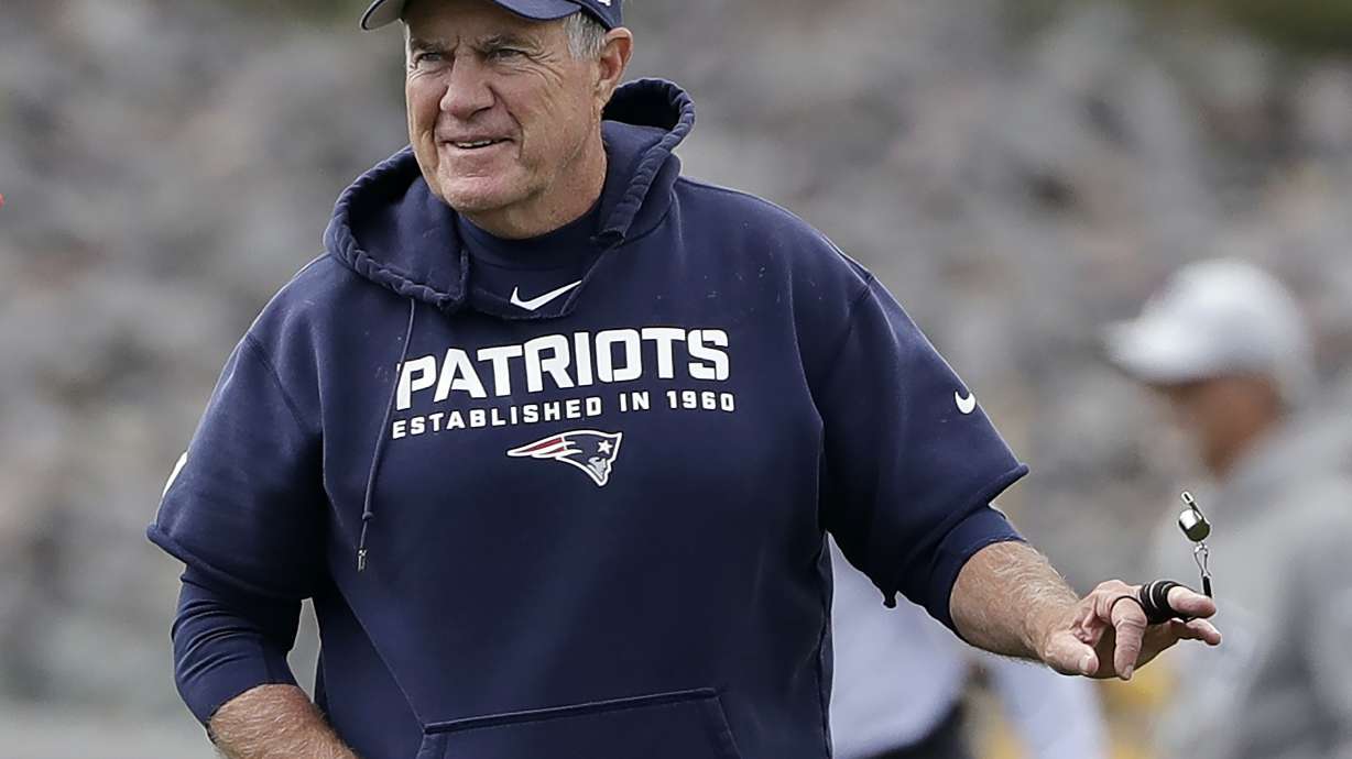 FILE - New England Patriots head coach Bill Belichick twirls his whistle during an NFL football practice, Wednesday, Sept. 18, 2019, in Foxborough, Mass.