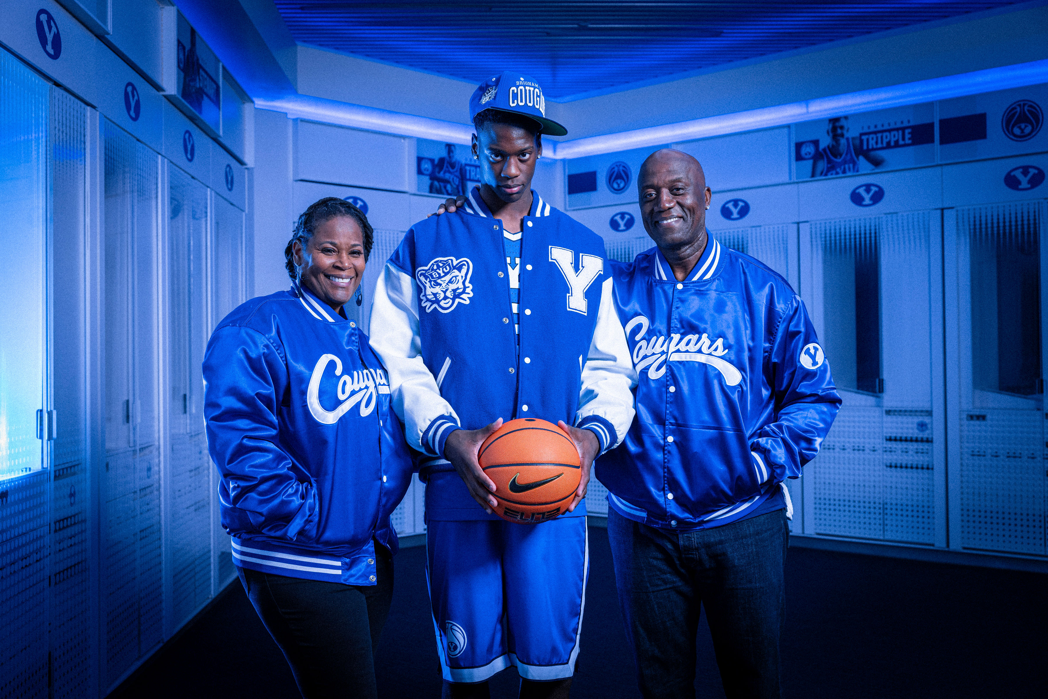 AJ Dybantsa poses for a picture with his parents during a visit to BYU's campus on Oct. 11, 2024.