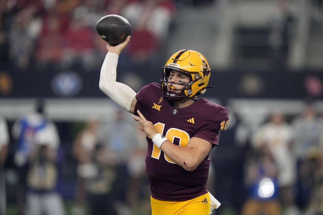 Arizona State quarterback Sam Leavitt (10) throws a pass in the first half of the Big 12 Conference championship NCAA college football game against Iowa State, in Arlington, Texas, Saturday Dec. 7, 2024.