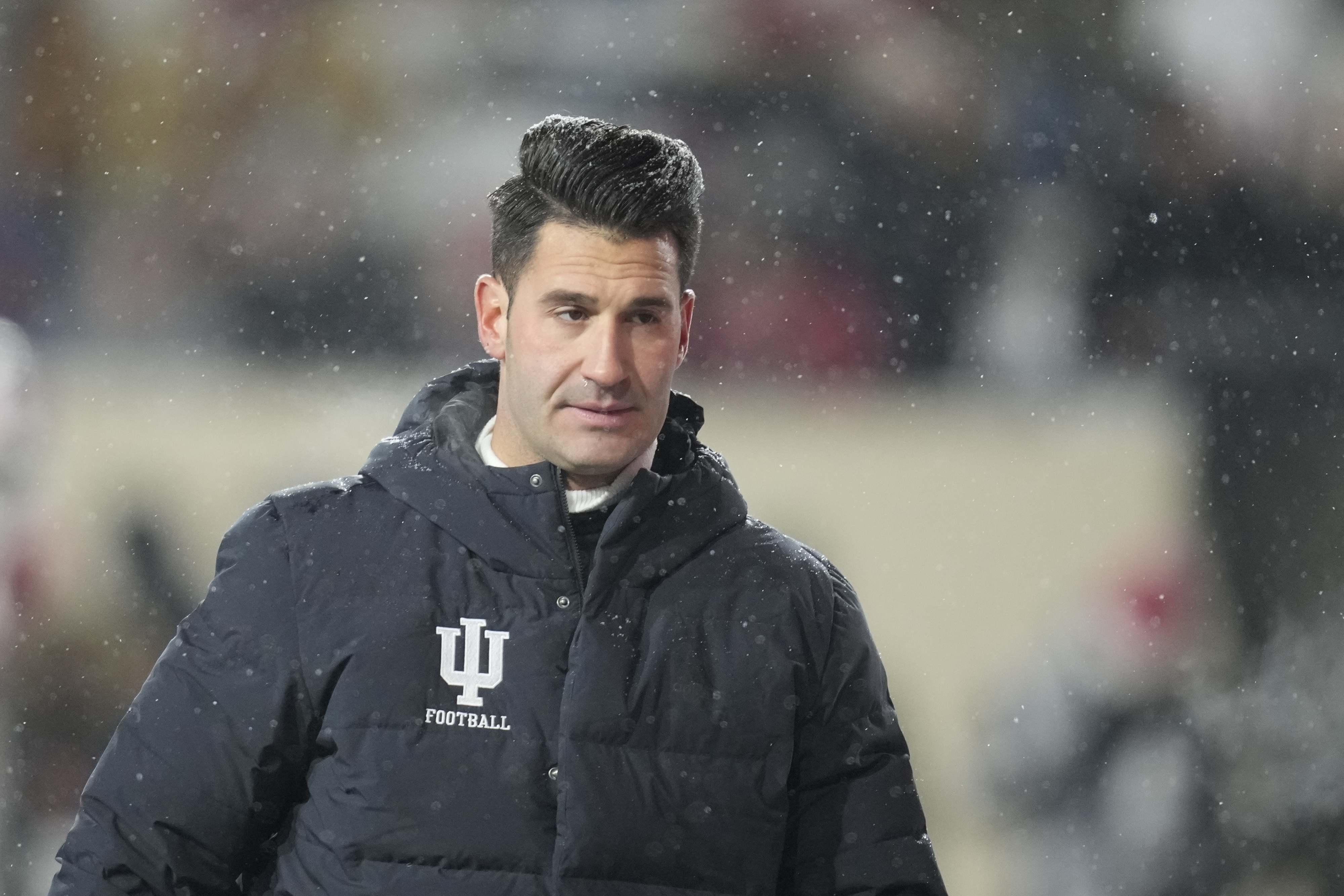 FILE - Indiana's Tino Sunseri watches before an NCAA college football game against Purdue, Saturday, Nov. 30, 2024, in Bloomington, Ind.