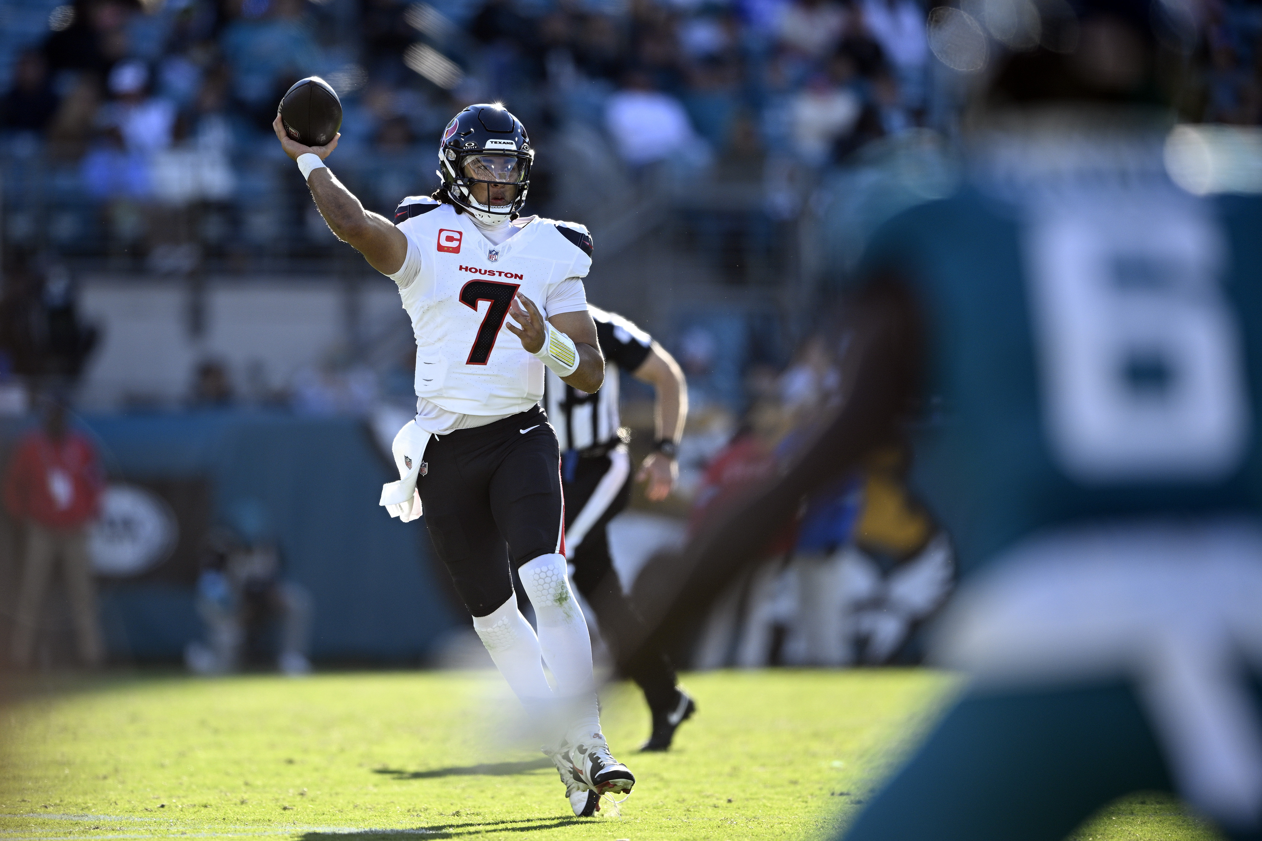 Houston Texans quarterback C.J. Stroud (7) throws a pass against the Jacksonville Jaguars during the second half of an NFL football game Sunday, Dec. 1, 2024, in Jacksonville, Fla.
