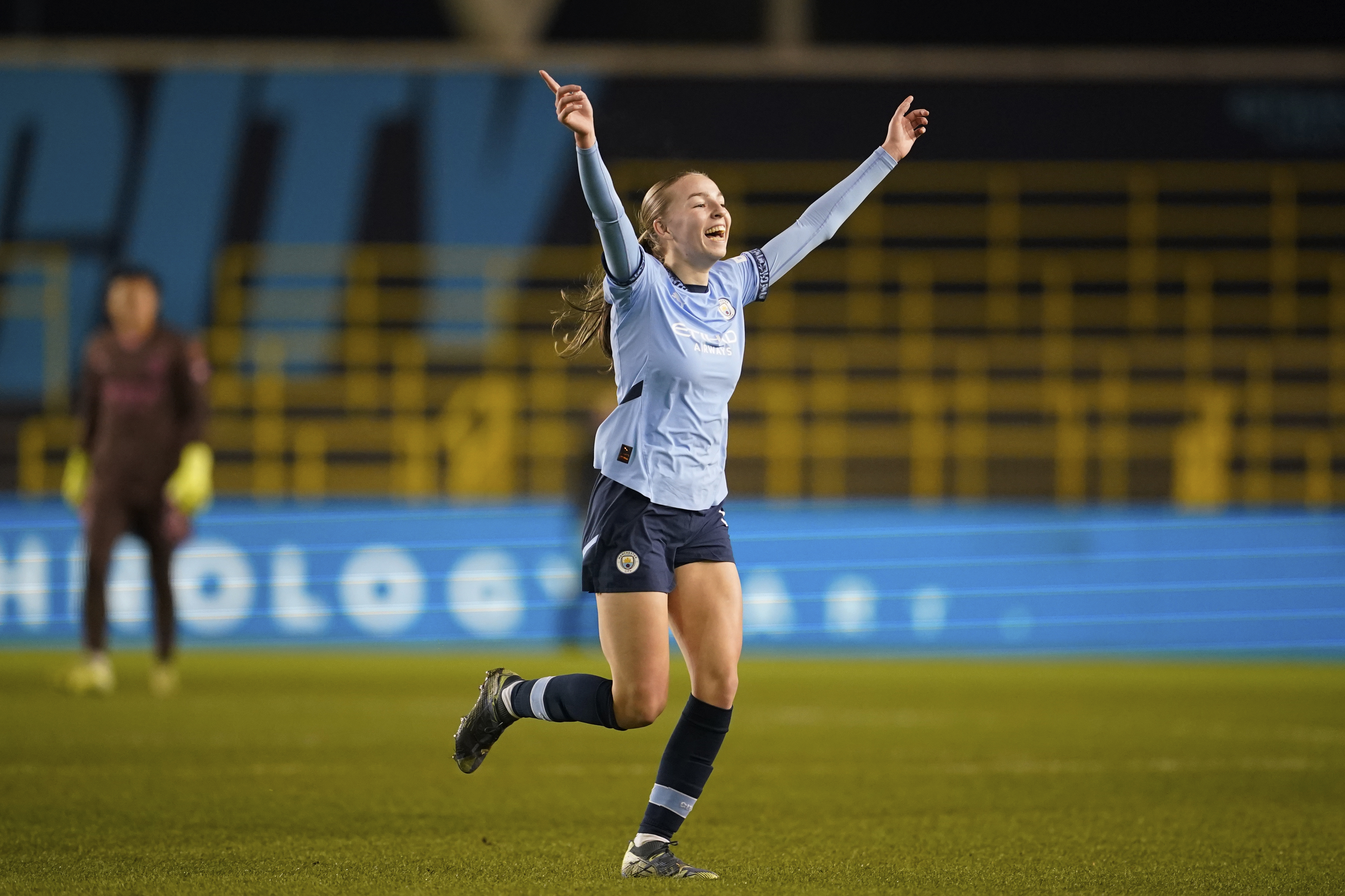 Manchester City's Codie Thomas celebrates after winning the women's Champions League Group D soccer match between Manchester City and ST. Poelten at the Manchester City Academy Stadium in Manchester, England, Thursday, Dec. 12, 2024.