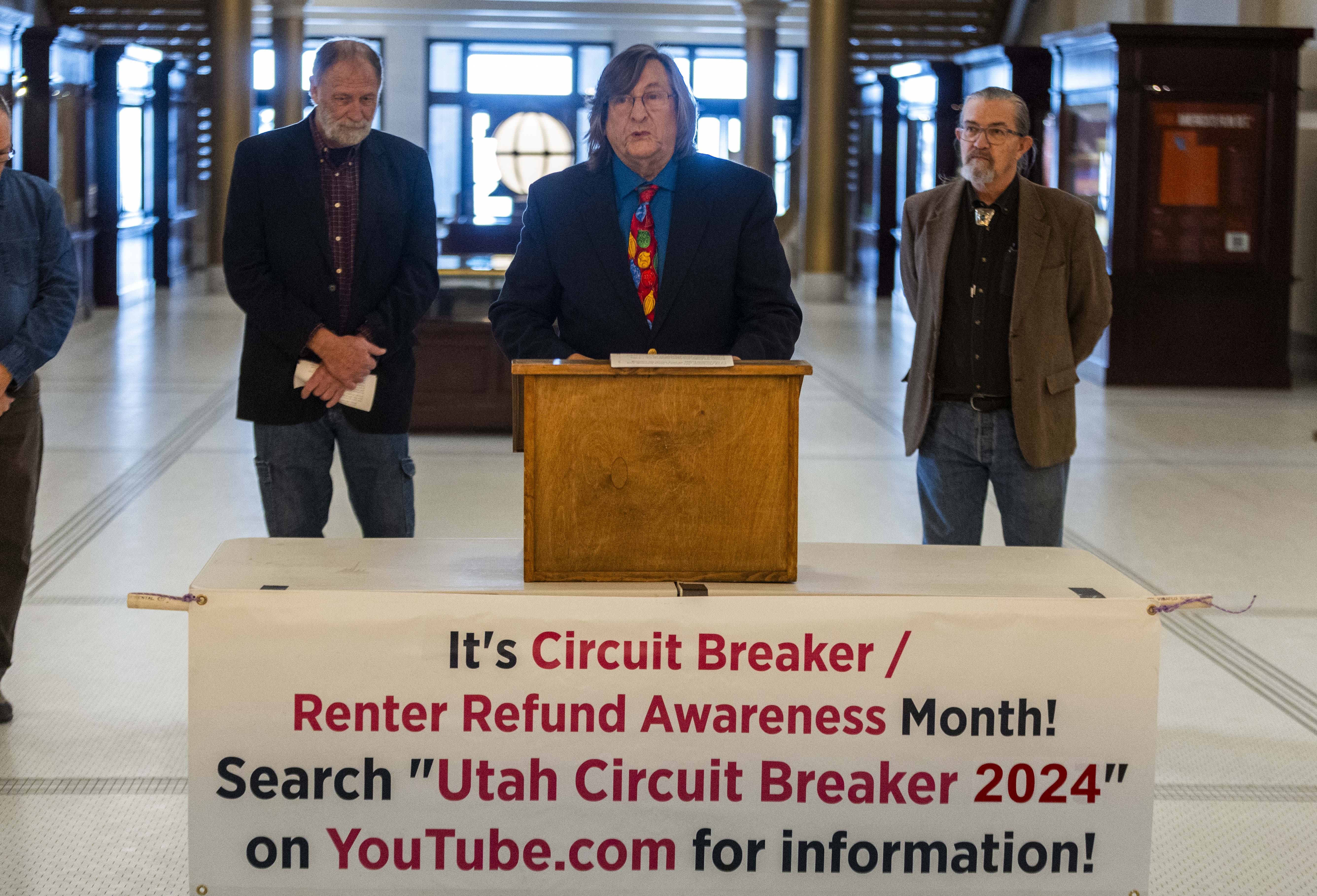 Jerry Schmidt, a renter refund advocate, speaks at a press conference addressing the 10% increase in participation in the Utah State Tax Commission’s Renter Refund program, at the Capitol in Salt Lake City on Thursday.