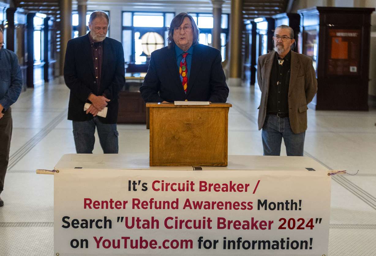 Jerry Schmidt, a renter refund advocate, speaks at a press conference addressing the 10% increase in participation in the Utah State Tax Commission’s Renter Refund program, at the Capitol in Salt Lake City on Thursday.