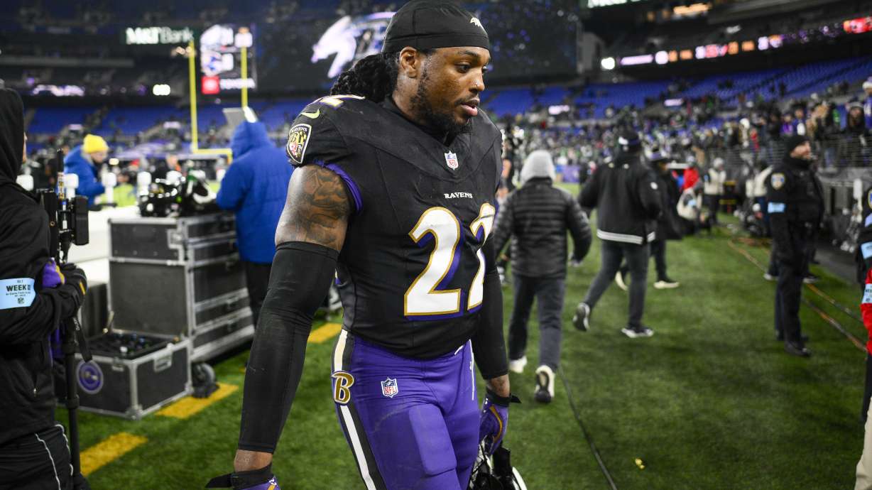 Baltimore Ravens running back Derrick Henry leaves the field following an NFL football game against the Philadelphia Eagles, Sunday, Dec. 1, 2024, in Baltimore. The Eagles won 24-19.