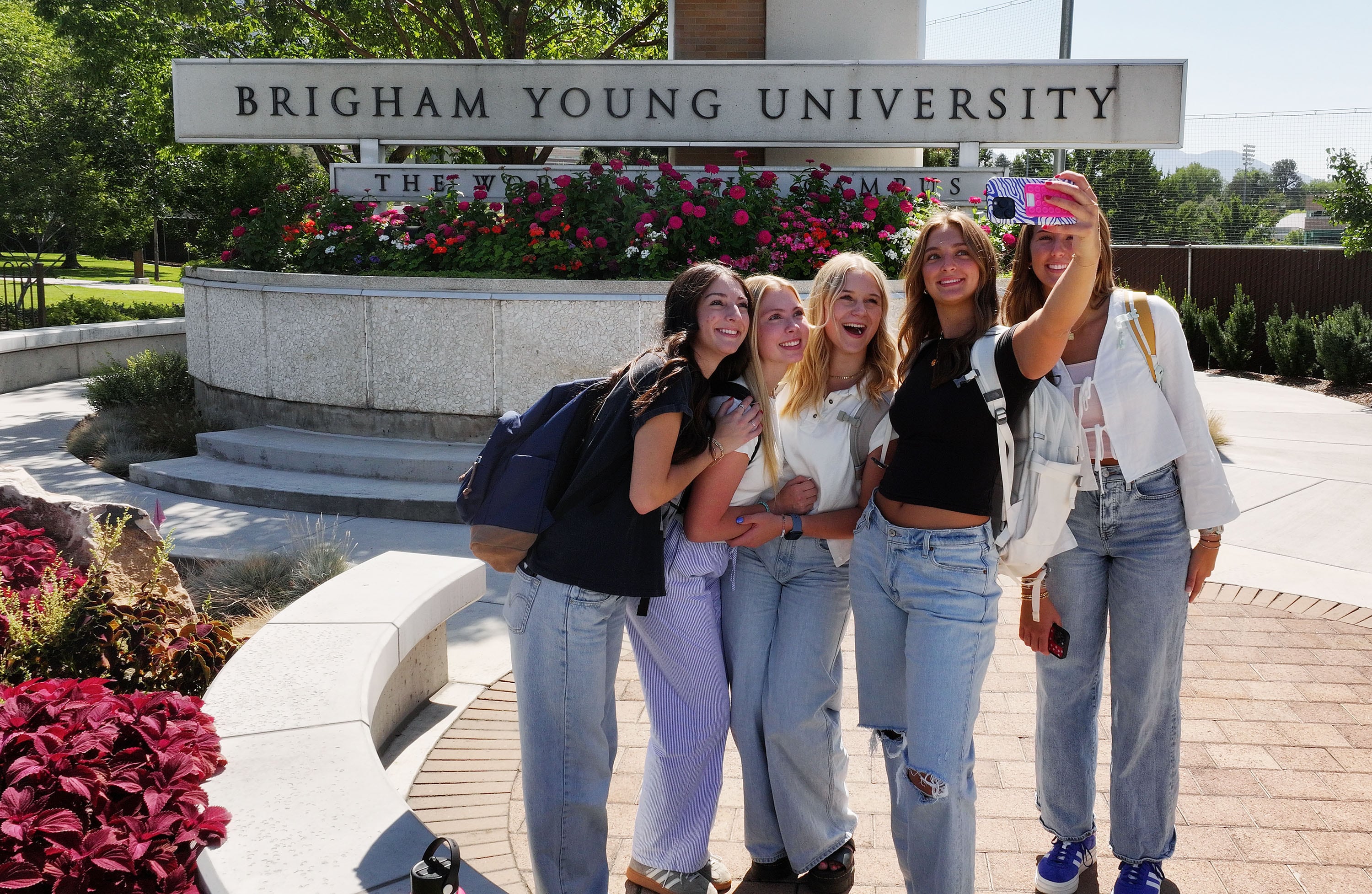 Students take a selfie at Brigham Young University in Provo on Sept. 4.