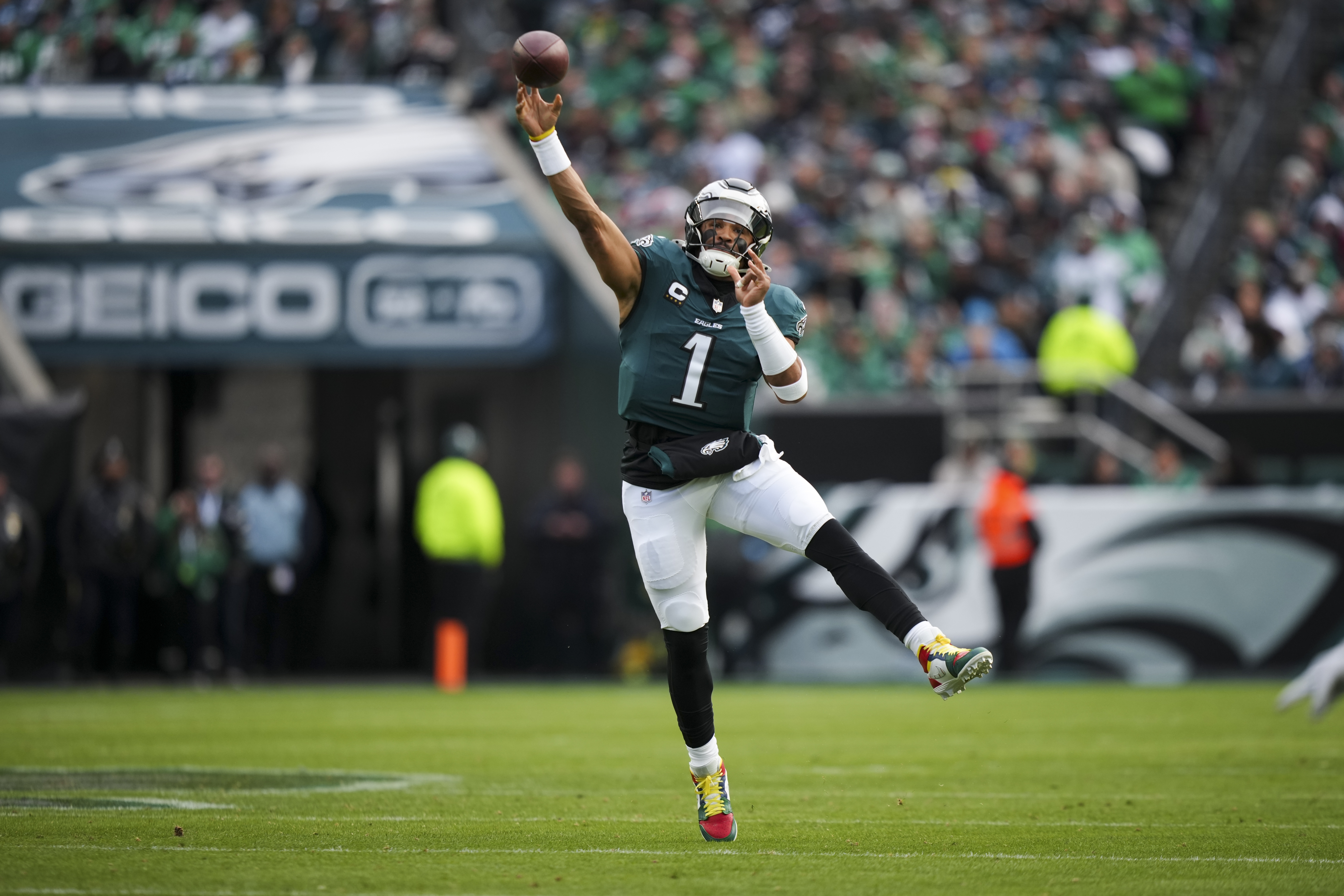 Philadelphia Eagles quarterback Jalen Hurts (1) passes during the first half of an NFL football game against the Carolina Panthers on Sunday, Dec. 8, 2024, in Philadelphia.