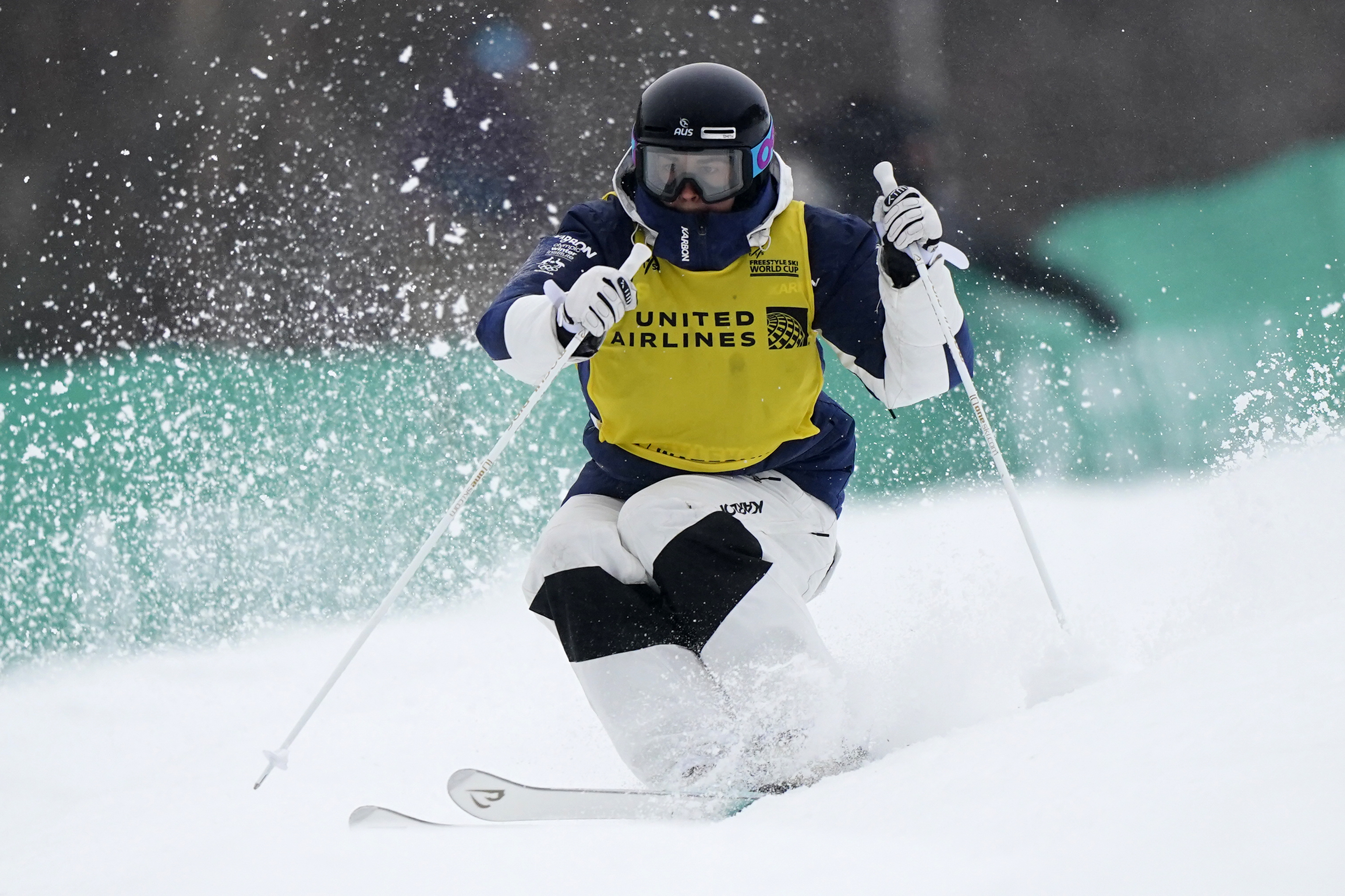 FILE - Jakara Anthony, of Australia, competes in the women's World Cup freestyle moguls skiing competition Jan. 26, 2024, in Waterville Valley, N.H.
