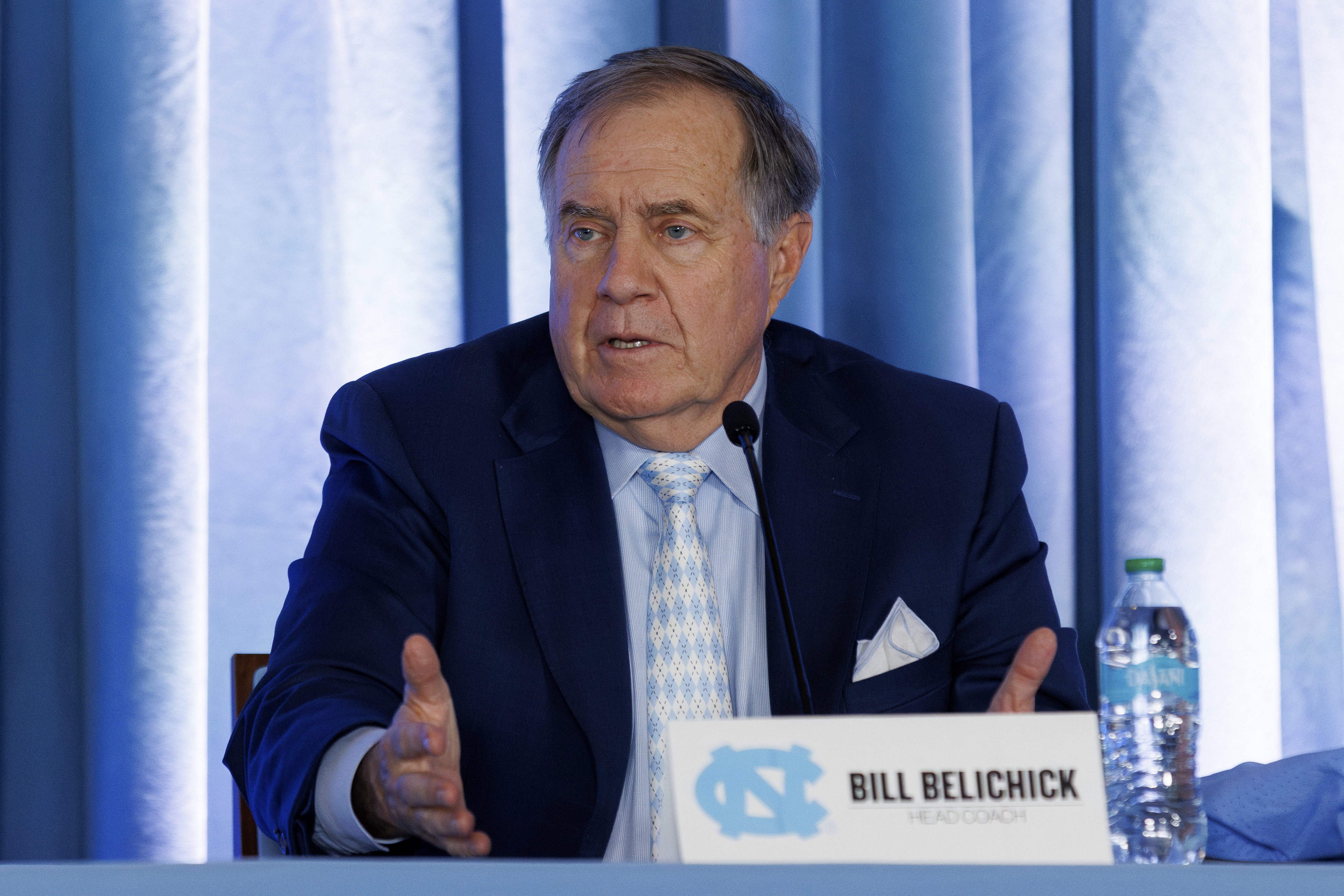 New North Carolina football coach Bill Belichick speaks following his introduction at an NCAA college football press conference, Thursday, Dec. 12, 2024, in Chapel Hill, N.C.