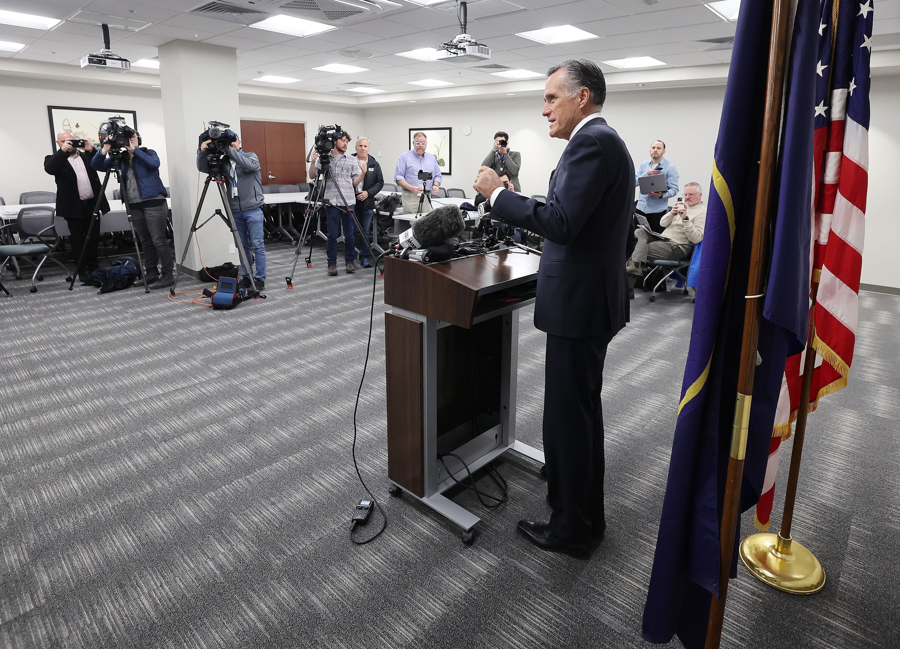 Sen. Mitt Romney speaks to media in his last press conference in Salt Lake City on Friday.