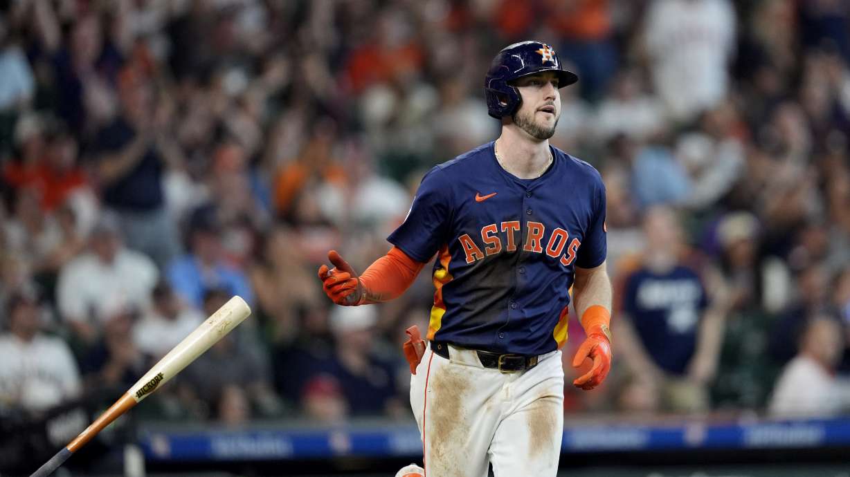 FILE - Houston Astros' Kyle Tucker tosses his bat after hitting a home run against the Minnesota Twins during the third inning of a baseball game Saturday, June 1, 2024, in Houston.