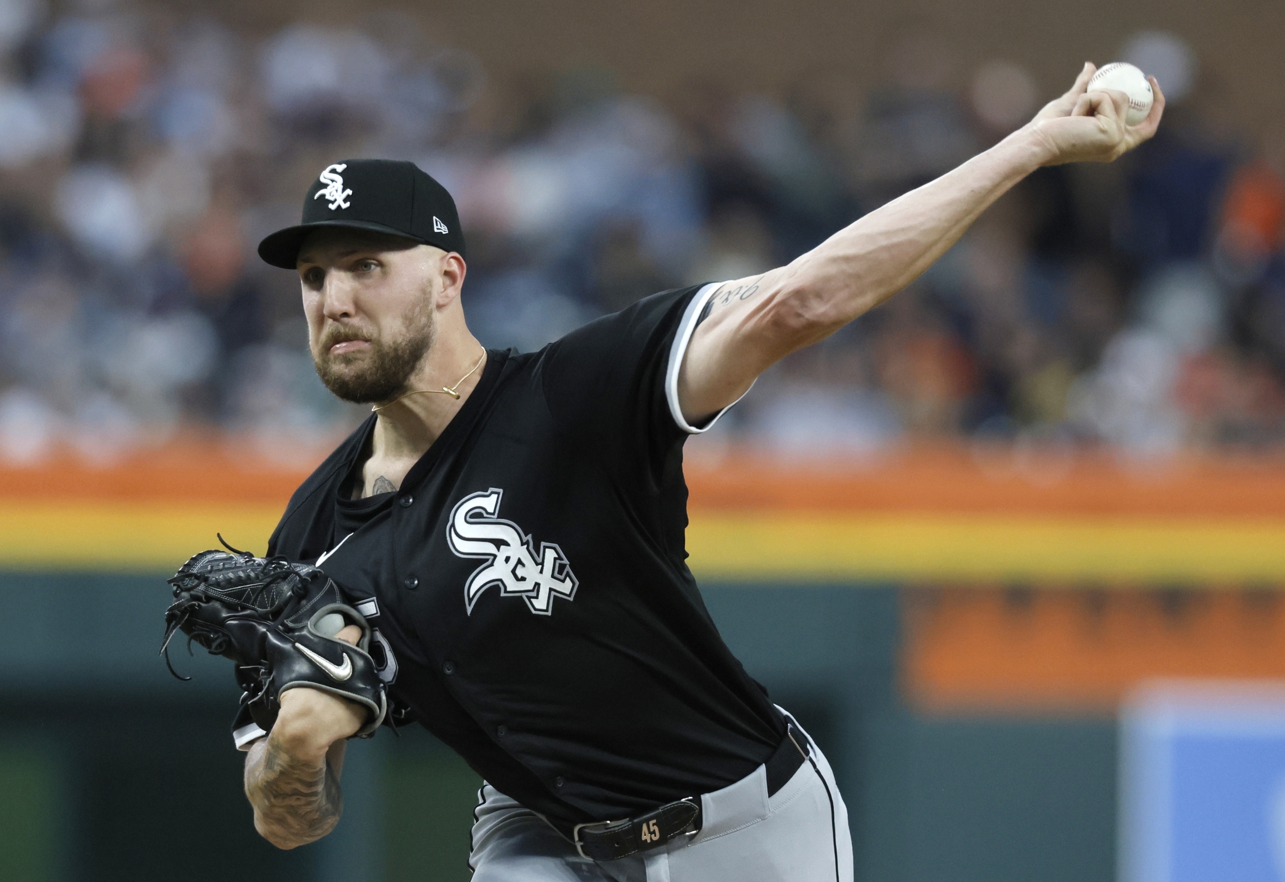 FILE - Chicago White Sox's Garrett Crochet pitches against the Detroit Tigers during the second inning of a baseball game Sept. 27, 2024, in Detroit.