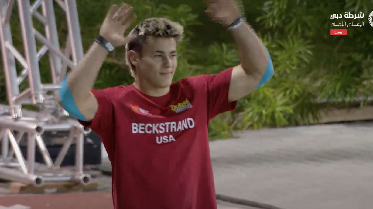 St. George's Kai Beckstrand competes in the Dubai World Obstacle Championships. Beckstrand won the competition and set a world record while doing so.