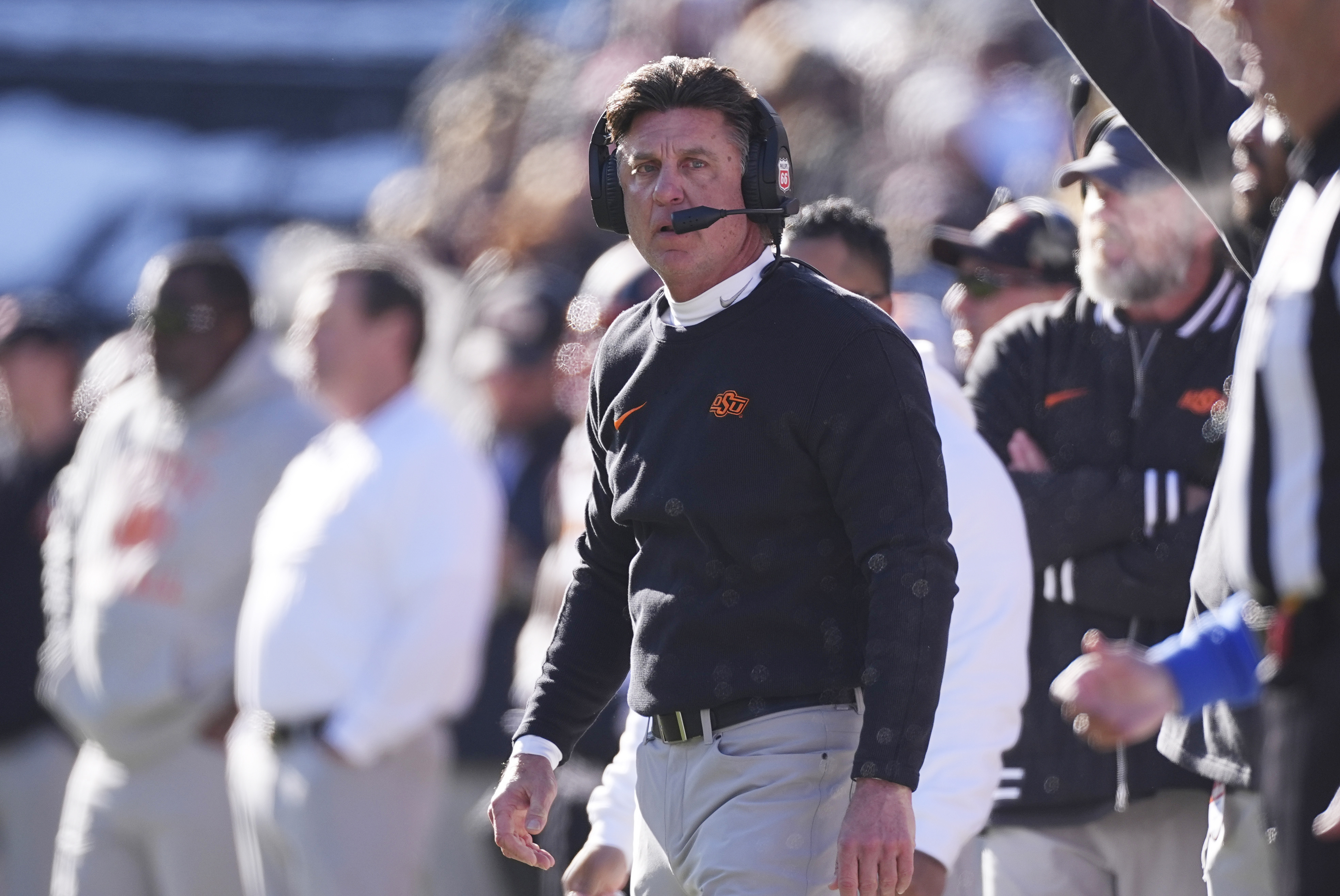 FILE -Oklahoma State head coach Mike Gundy in the first half of an NCAA college football game Friday, Nov. 29, 2024, in Boulder, Colo.