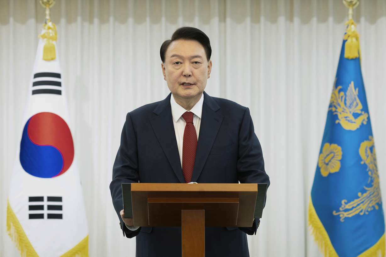 In this photo released by South Korean President Office via Yonhap, South Korean President Yoon Suk Yeol speaks at the presidential residence in Seoul, South Korea, on Saturday.