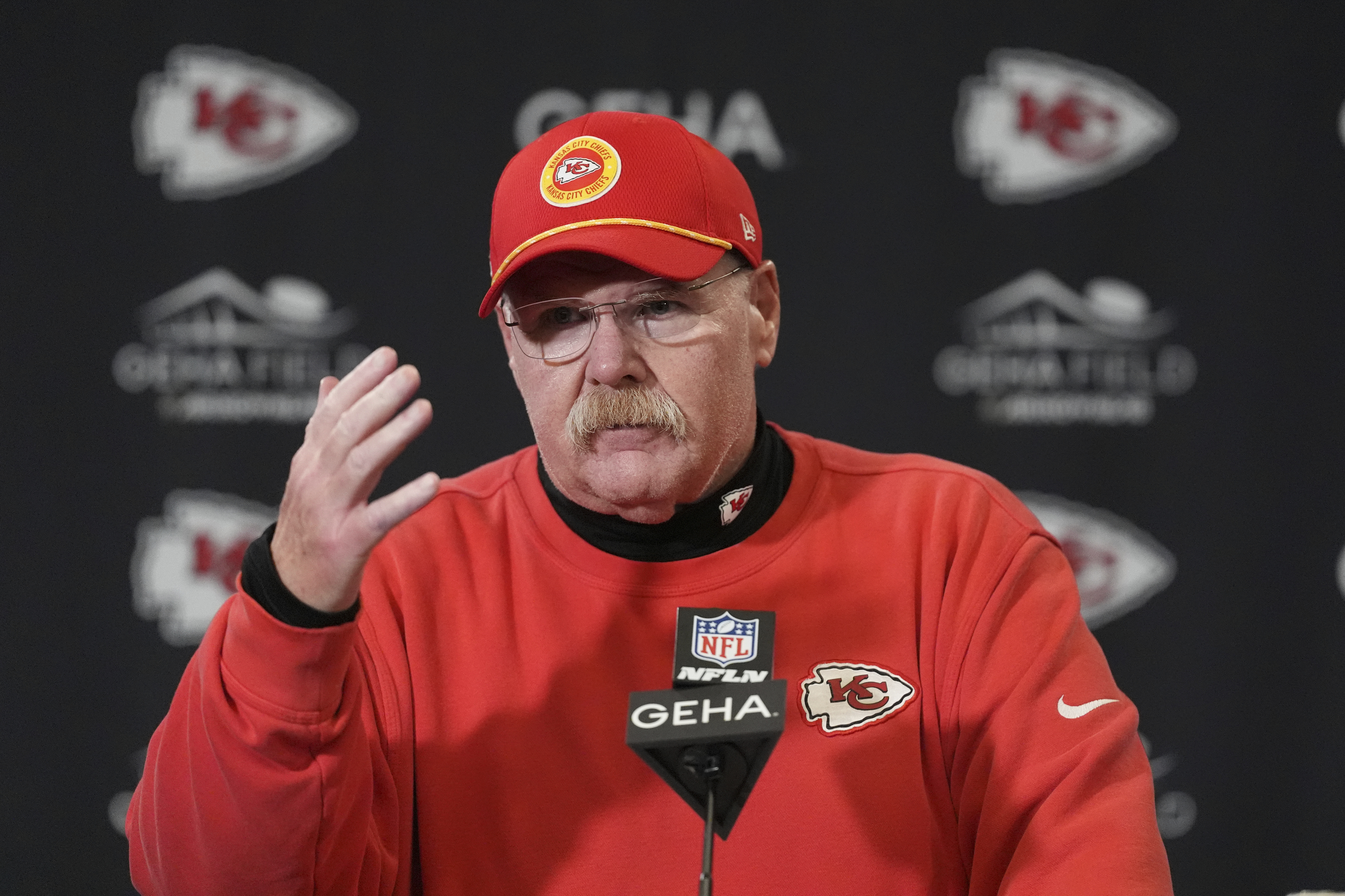 Kansas City Chiefs head coach Andy Reid speaks during a news conference following an NFL football game against the Los Angeles Chargers Sunday, Dec. 8, 2024, in Kansas City, Mo.