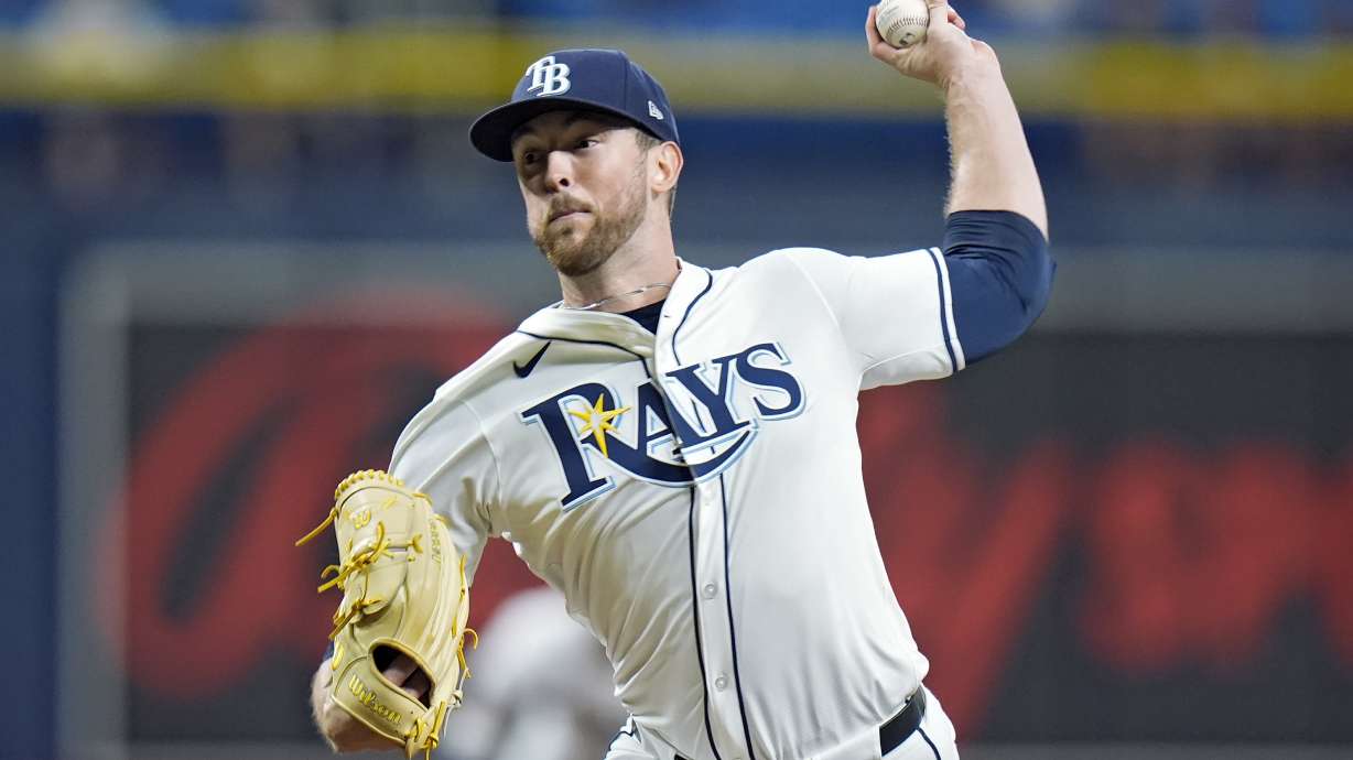 FILE - Tampa Bay Rays starting pitcher Jeffrey Springs throws during the first inning of a baseball game Minnesota Twins, Tuesday, Sept. 3, 2024, in St. Petersburg, Fla.