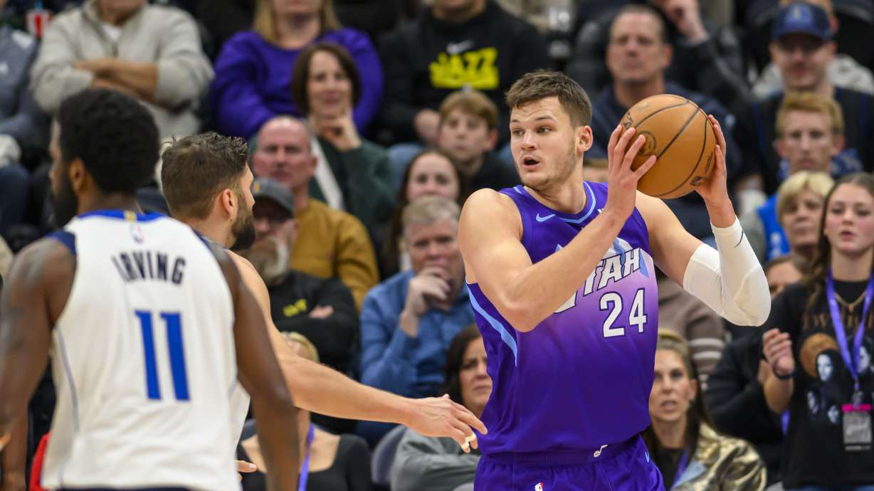 Utah Jazz center Walker Kessler (24) looks to pass during the first half of an NBA basketball game Saturday, Nov. 30, 2024, in Salt Lake City.