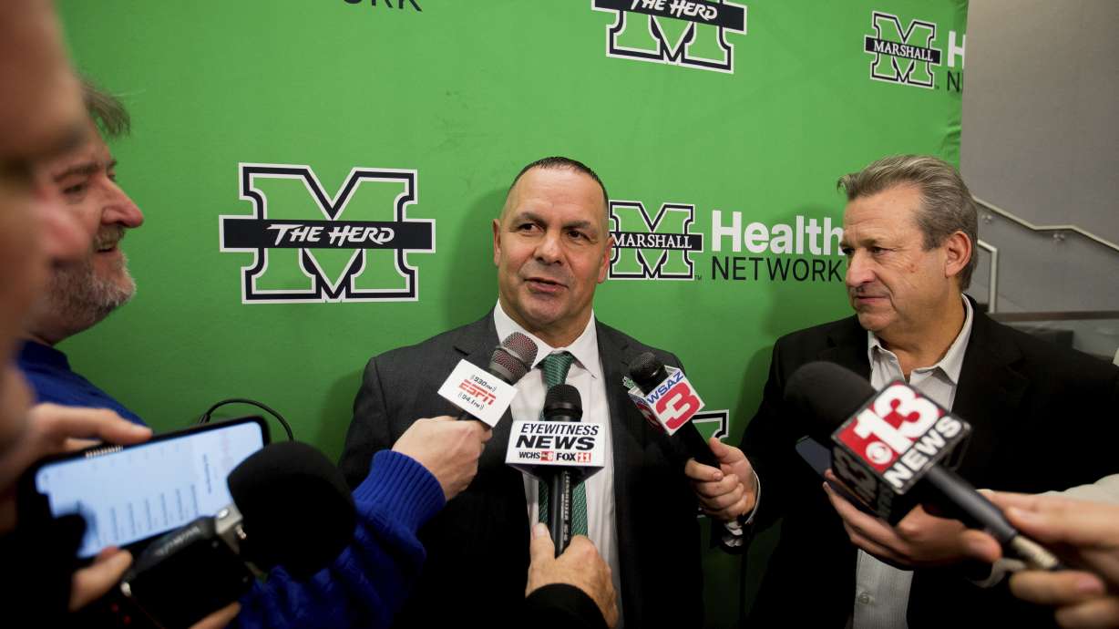 Marshall University's head football coach Tony Gibson responds to questions during a press conference on Thursday, Dec. 12, 2024, at the Brad D. Smith Center for Business and Innovation in Huntington, W.Va.