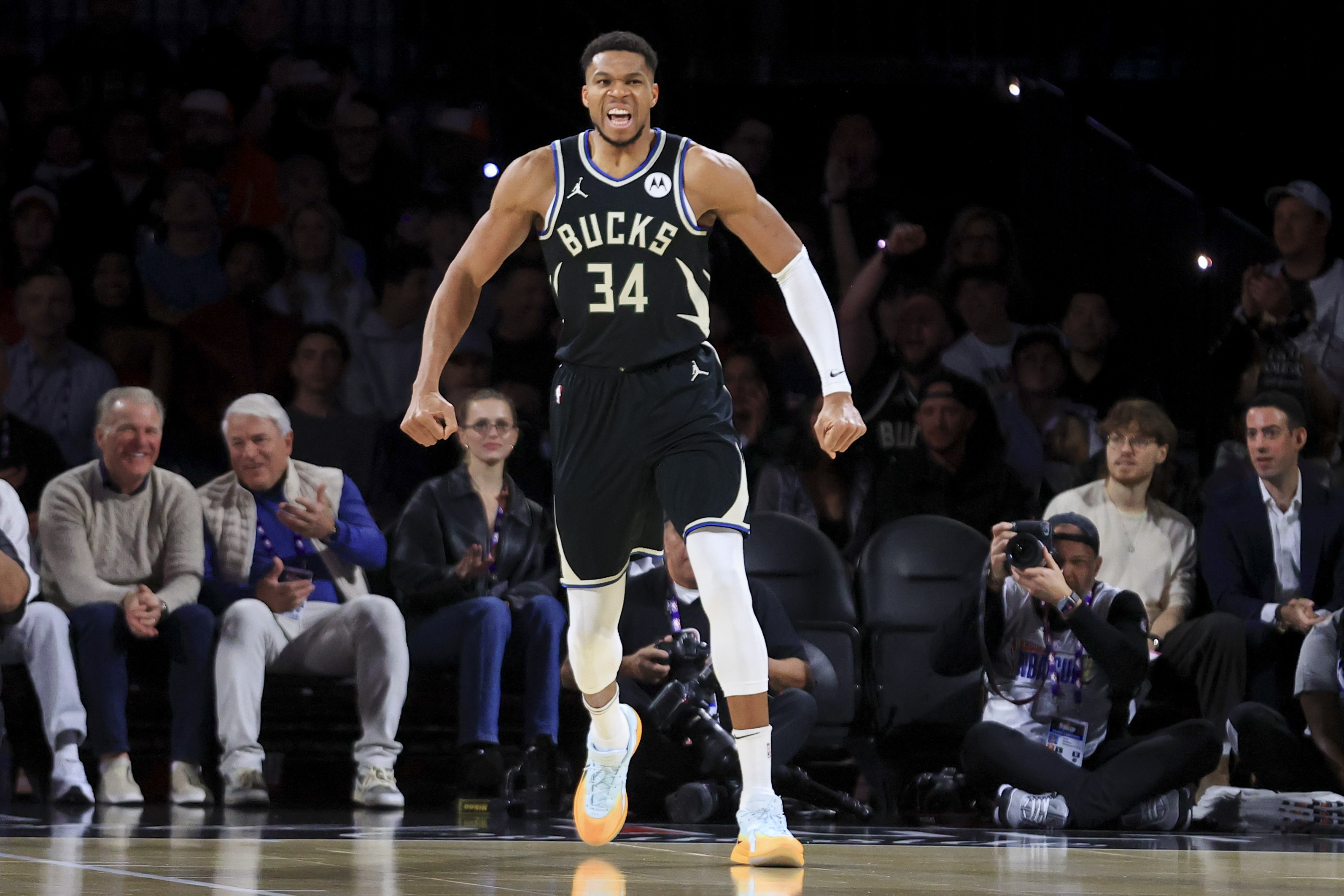 Milwaukee Bucks forward Giannis Antetokounmpo (34) celebrates after making a basket during the first half of a semifinal game against the Atlanta Hawks in the NBA Cup basketball tournament Saturday, Dec. 14, 2024, in Las Vegas.