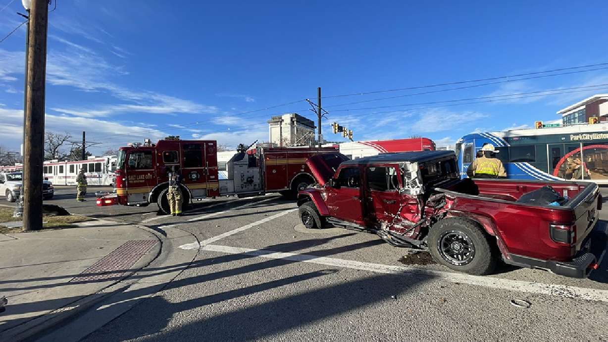 A truck sits damaged after a collision with a UTA Trax train Saturday near 700 S West Temple in Salt Lake City. Police said the driver of the truck was seriously injured in the crash.
