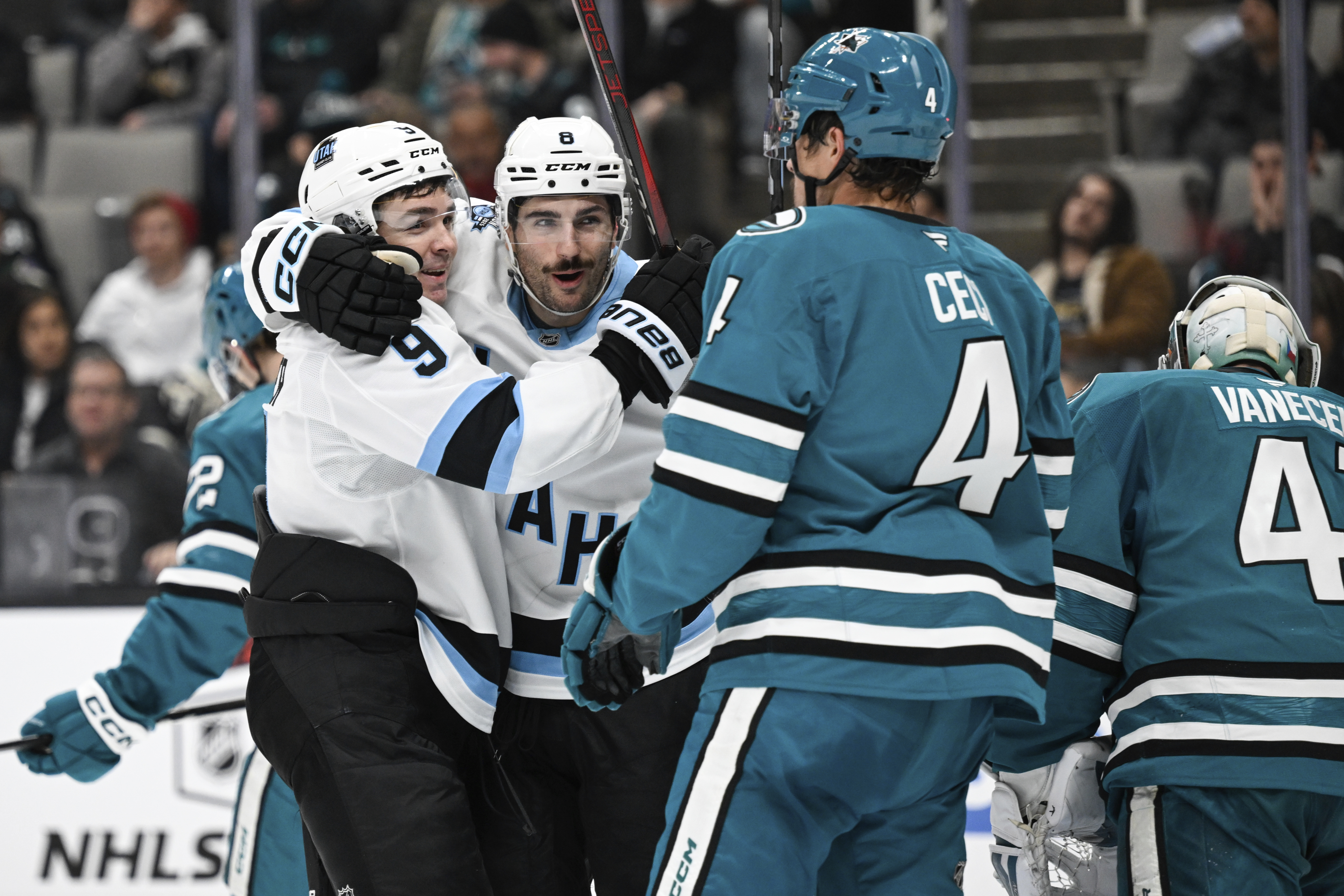 Keller scores power-play goal in the final minute to lift Utah past the Sharks, 4-3