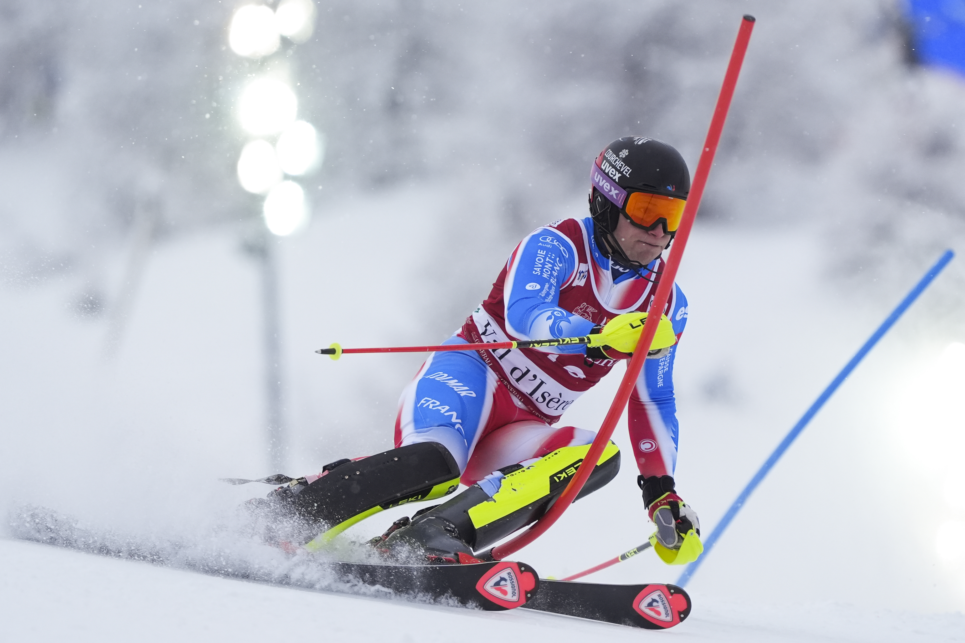 Steven Amiez takes surprise lead of World Cup slalom with Olympic champion Clement Noel out injured