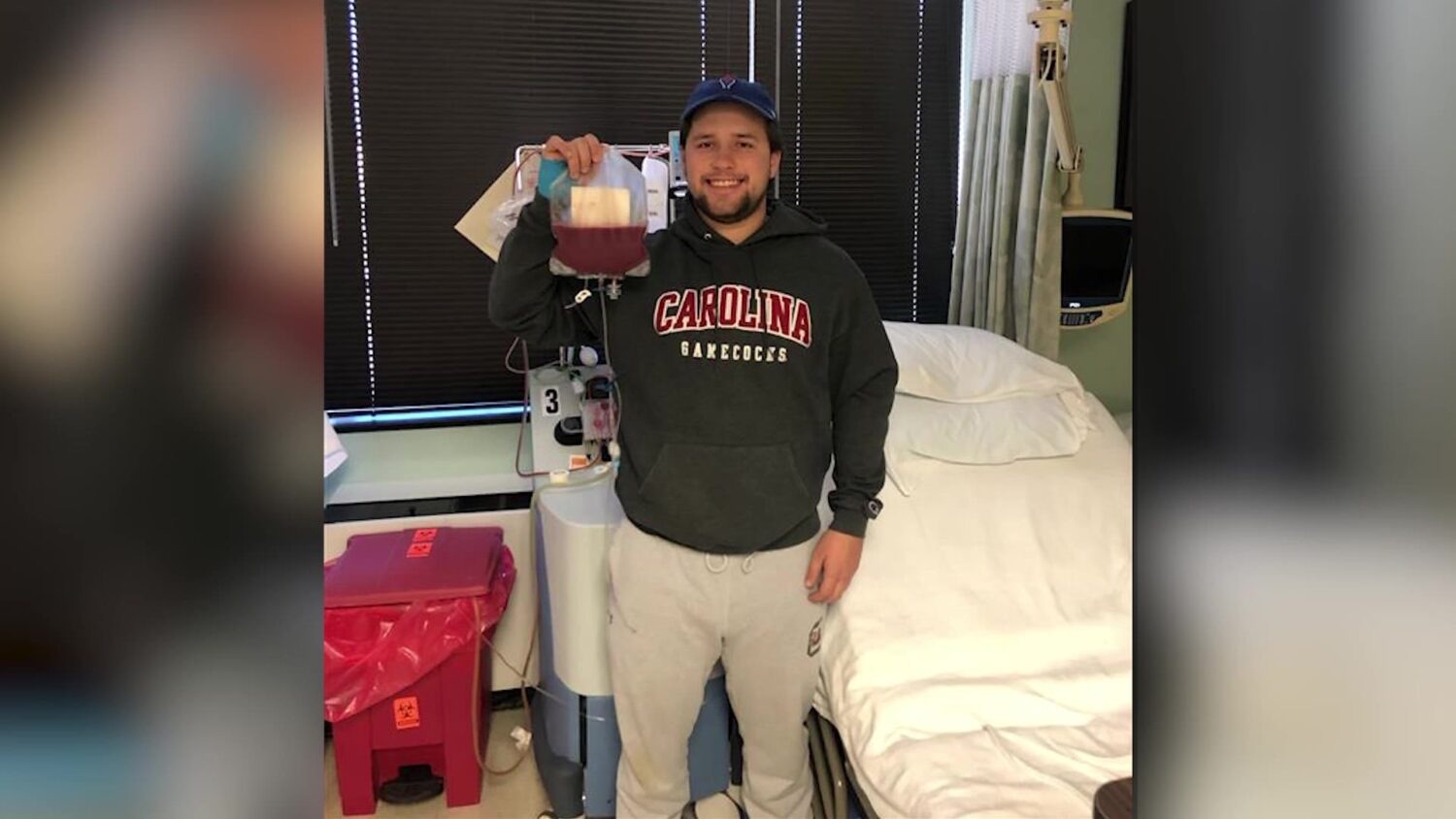 Doug Wood holds his bag of donated stem cells that were used to help Gina Poirer in 2019. On Thursday, Wood and Poirier got the chance to meet one another for the first time.