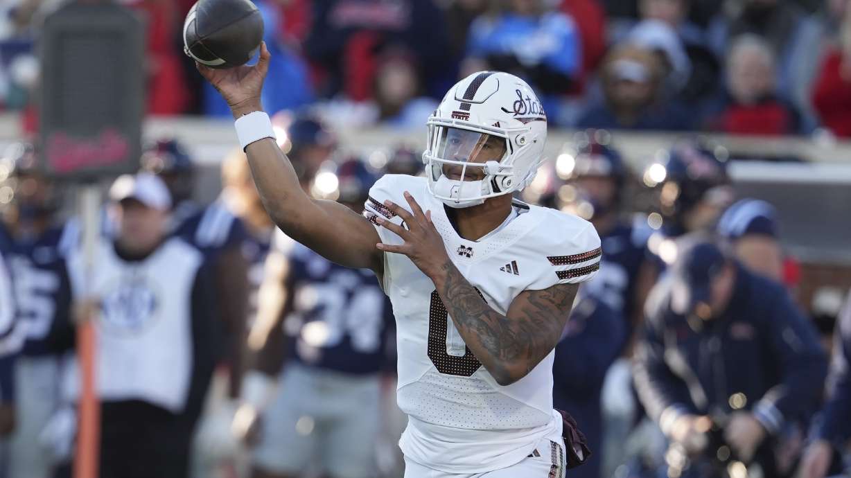 Mississippi State quarterback Michael Van Buren Jr. passes the ball against Mississippi during the first half of an NCAA college football game, Friday, Nov. 29, 2024, in Oxford, Miss.