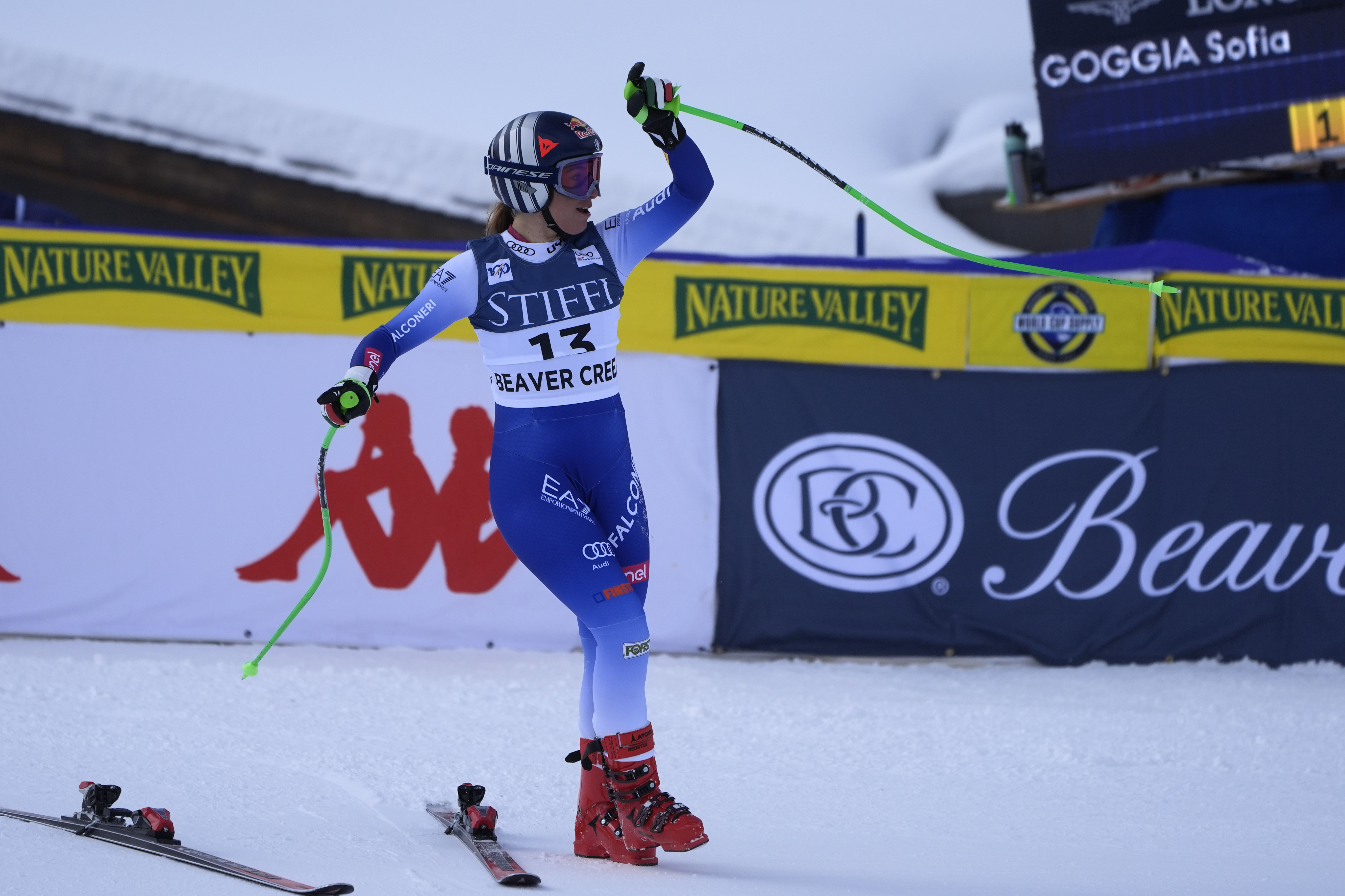 Italy's Sofia Goggia reacts after finishing a women's World Cup super-G ski race, Sunday, Dec. 15, 2024, in Beaver Creek, Colo.