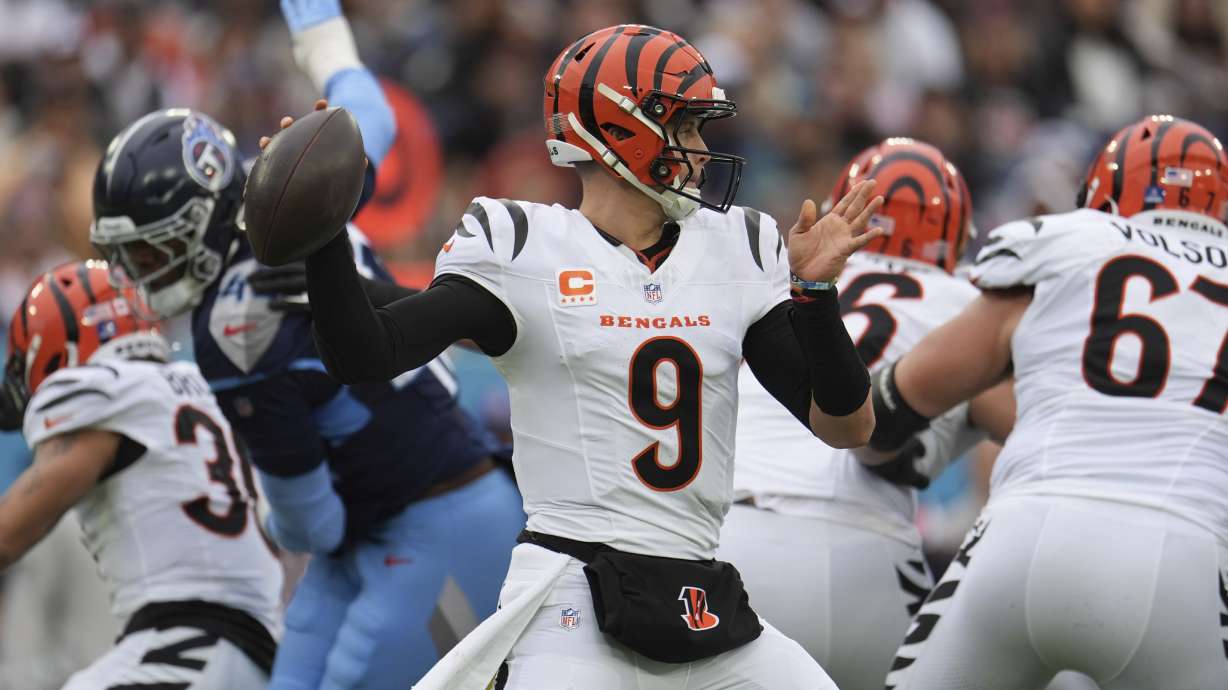 Cincinnati Bengals quarterback Joe Burrow (9) looks to pass during the first half of an NFL football game against the Tennessee Titans, Sunday, Dec. 15, 2024, in Nashville, Tenn.